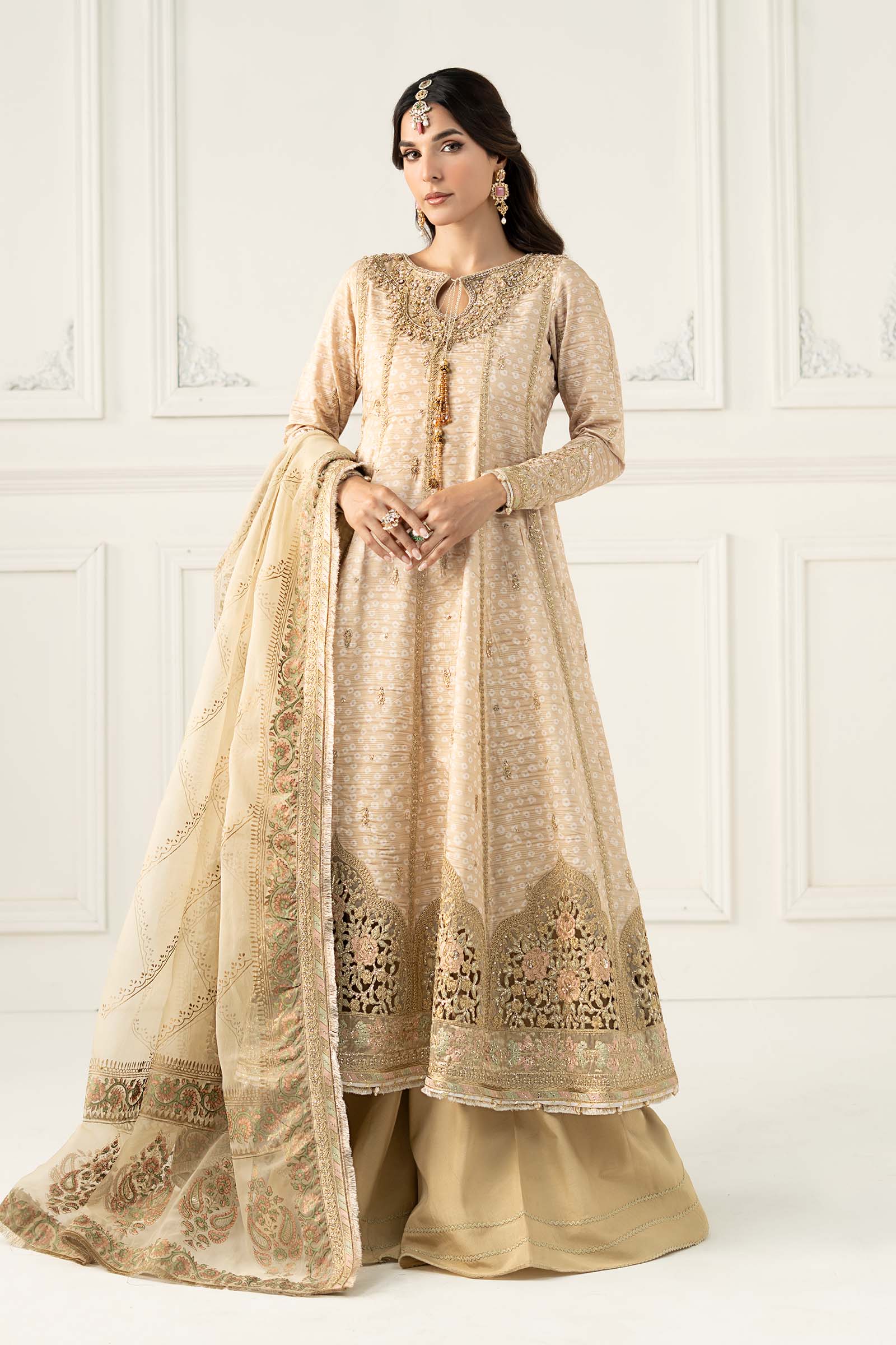 Beige Hand-Embellished Raw Silk Frock (3-Piece) - Image 3