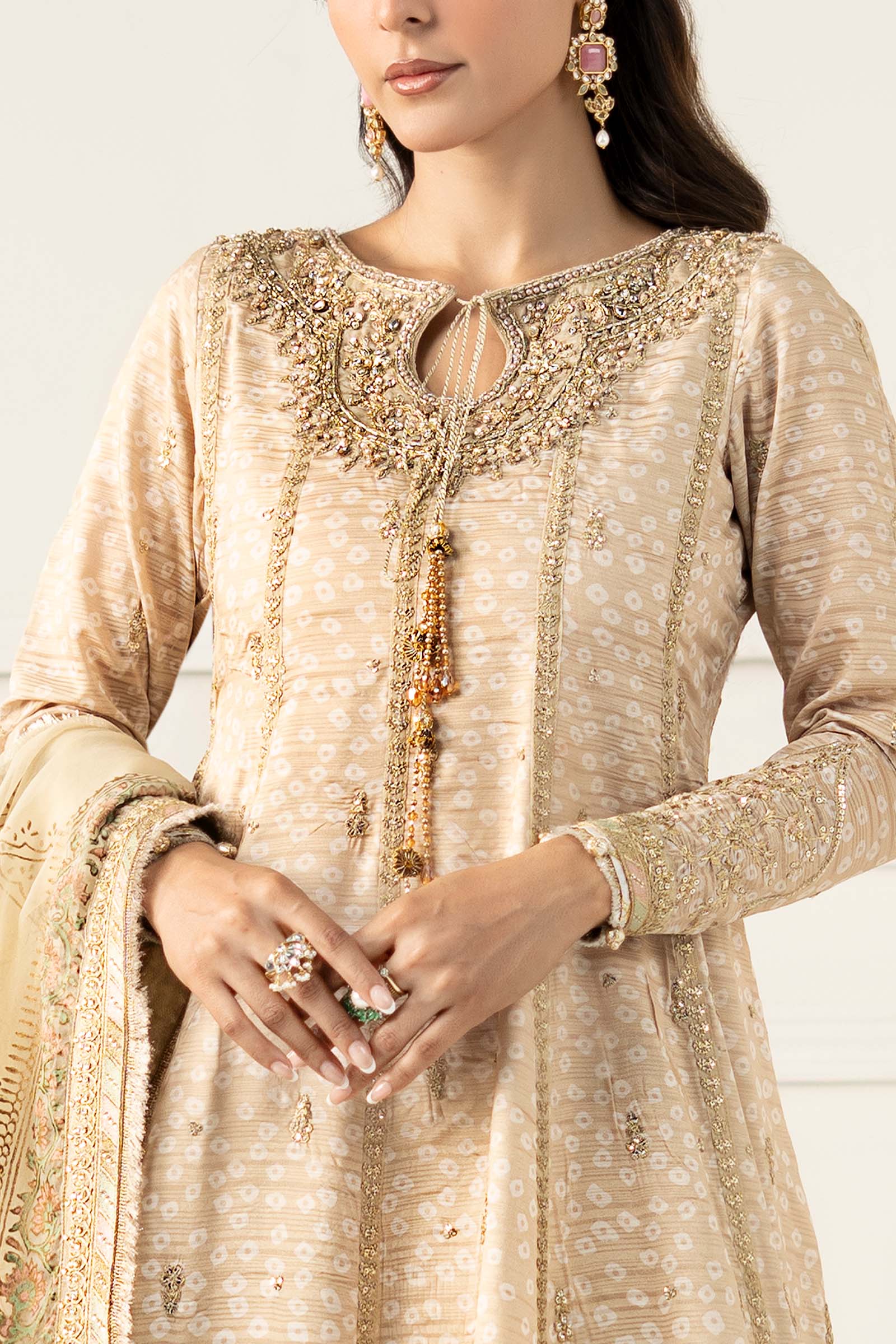 Beige Hand-Embellished Raw Silk Frock (3-Piece) - Image 6