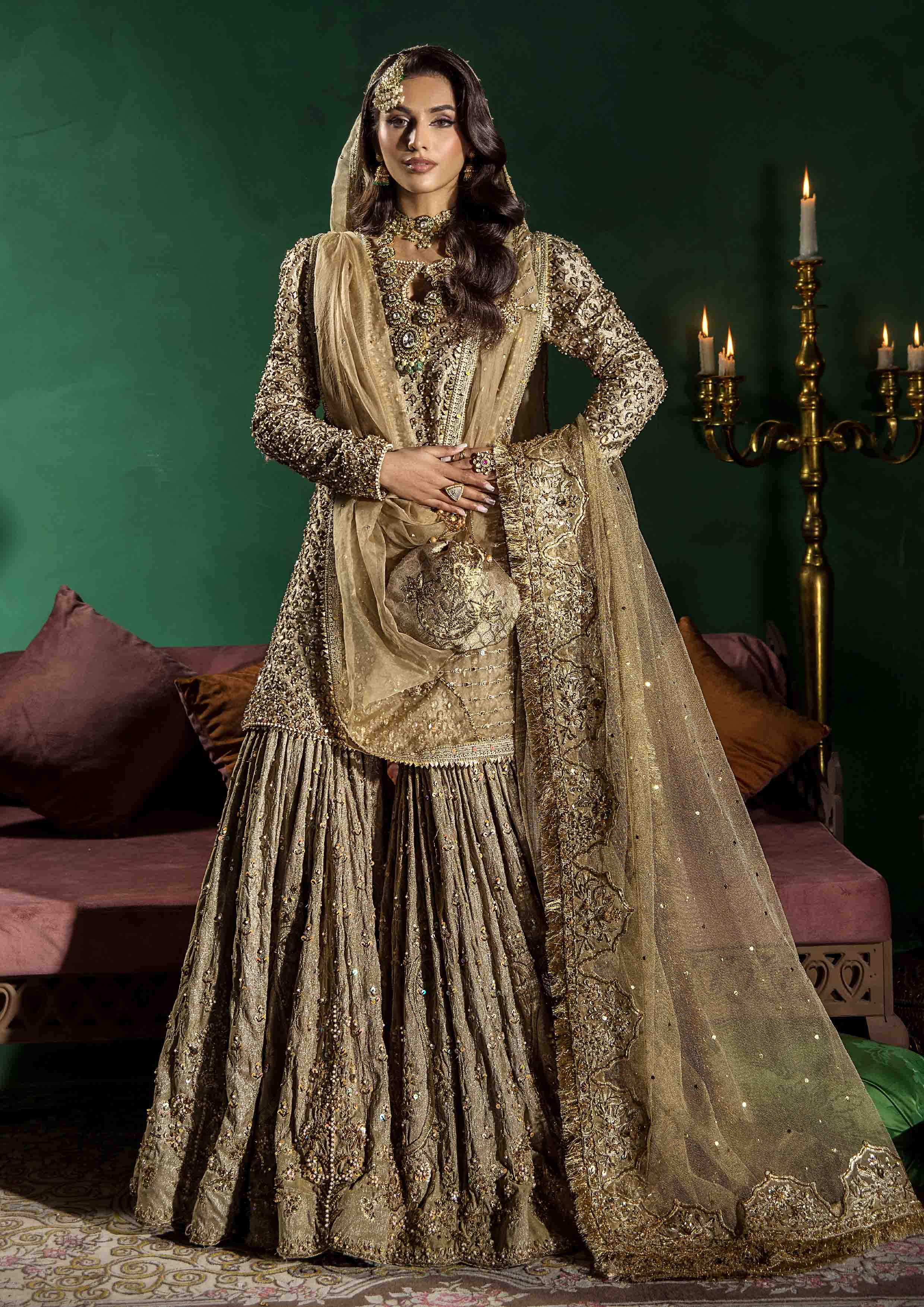 Pakistani Camel Beige Embellished Jamawar & Zarri Farshi Gharara (3-Piece) - Image 1