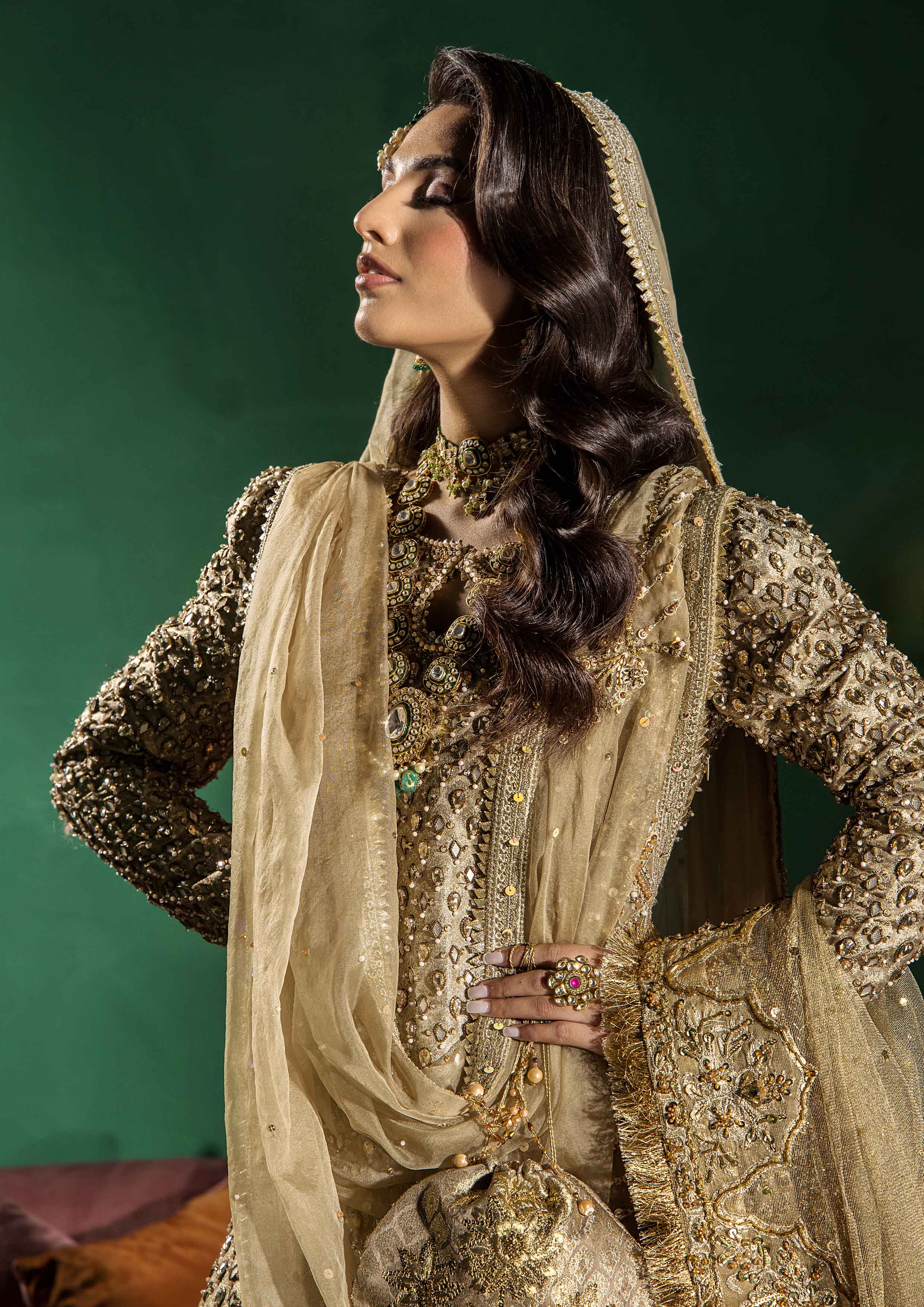 Pakistani Camel Beige Embellished Jamawar & Zarri Farshi Gharara (3-Piece) - Image 2
