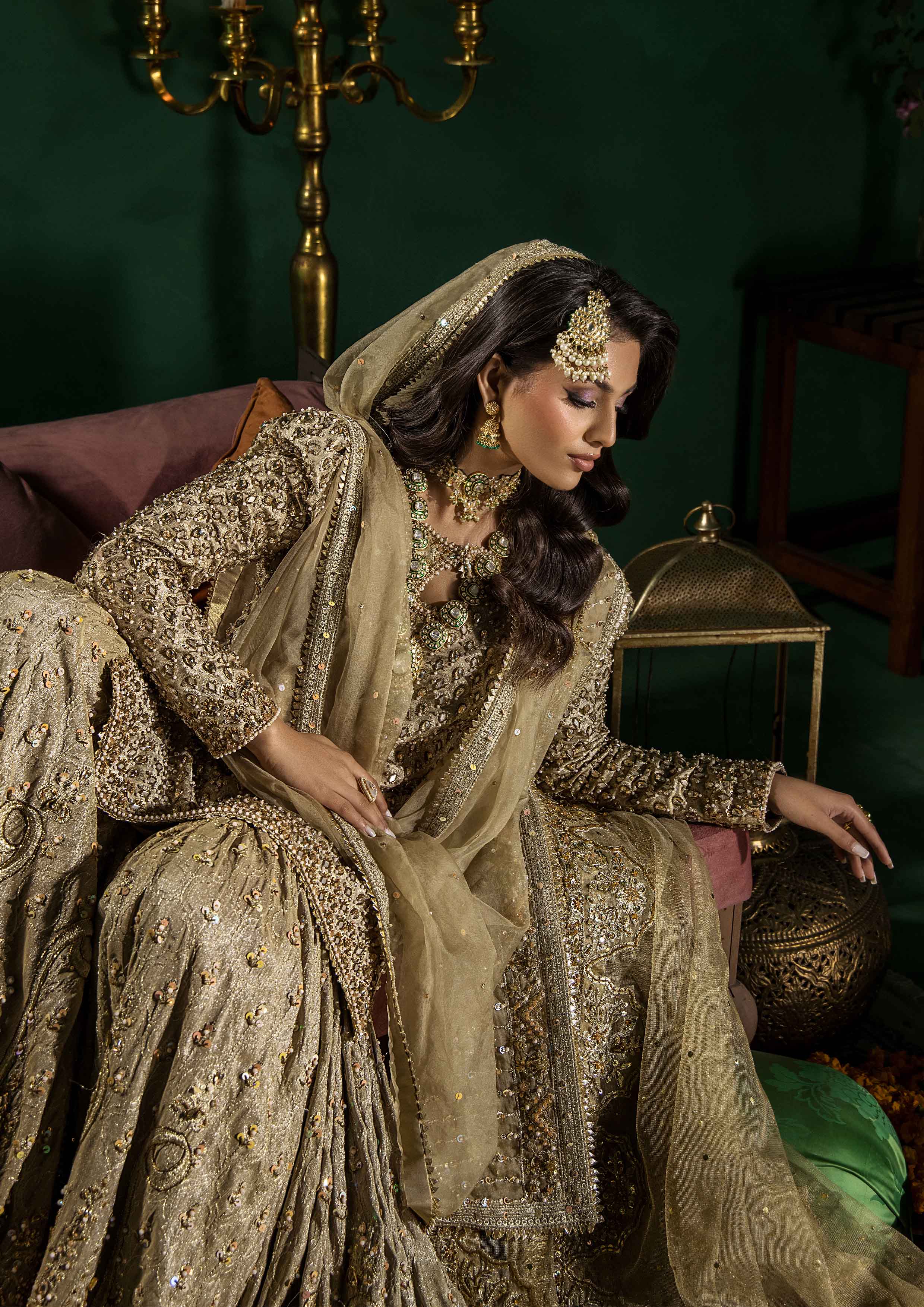 Pakistani Camel Beige Embellished Jamawar & Zarri Farshi Gharara (3-Piece) - Image 3