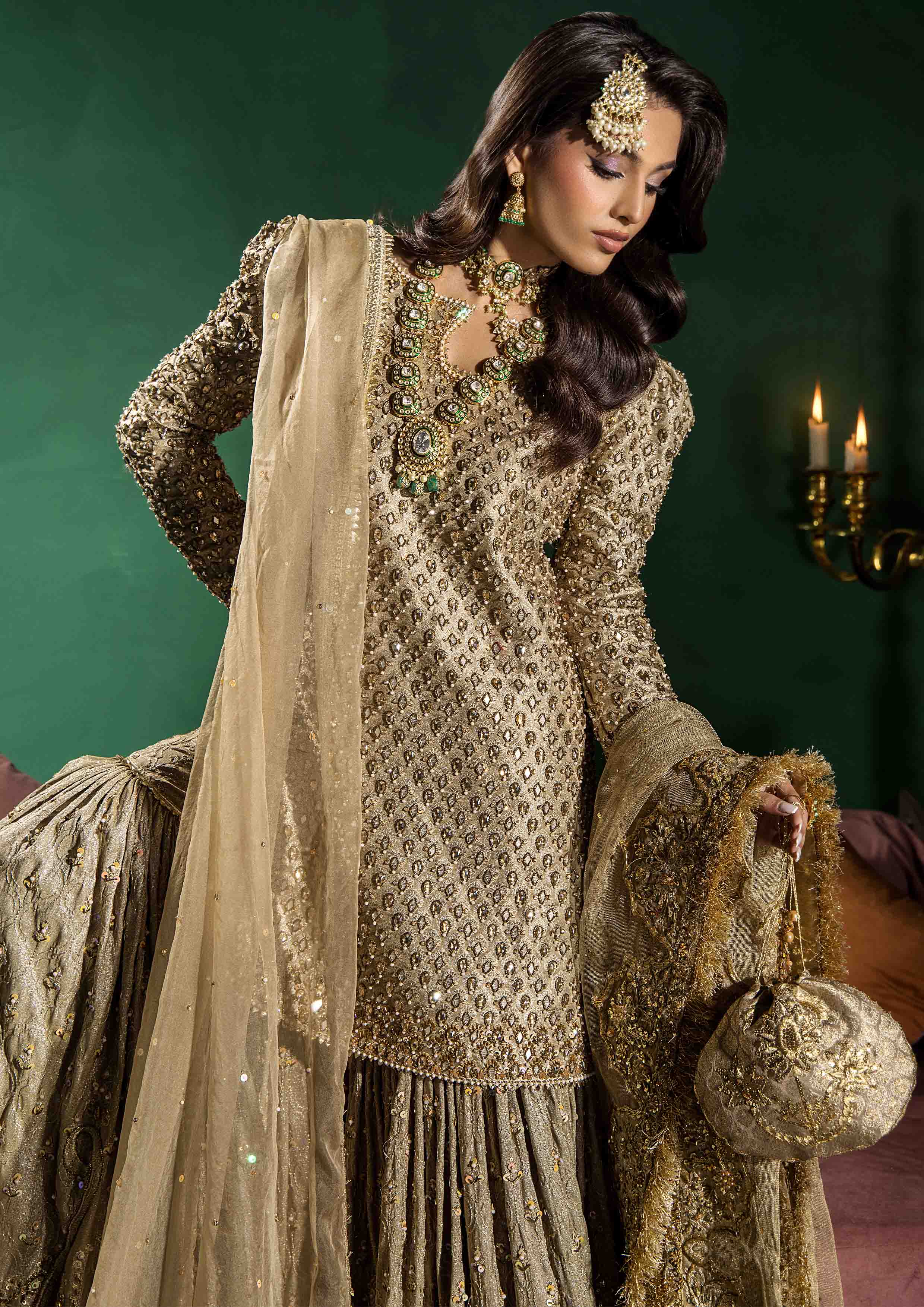 Pakistani Camel Beige Embellished Jamawar & Zarri Farshi Gharara (3-Piece) - Image 5