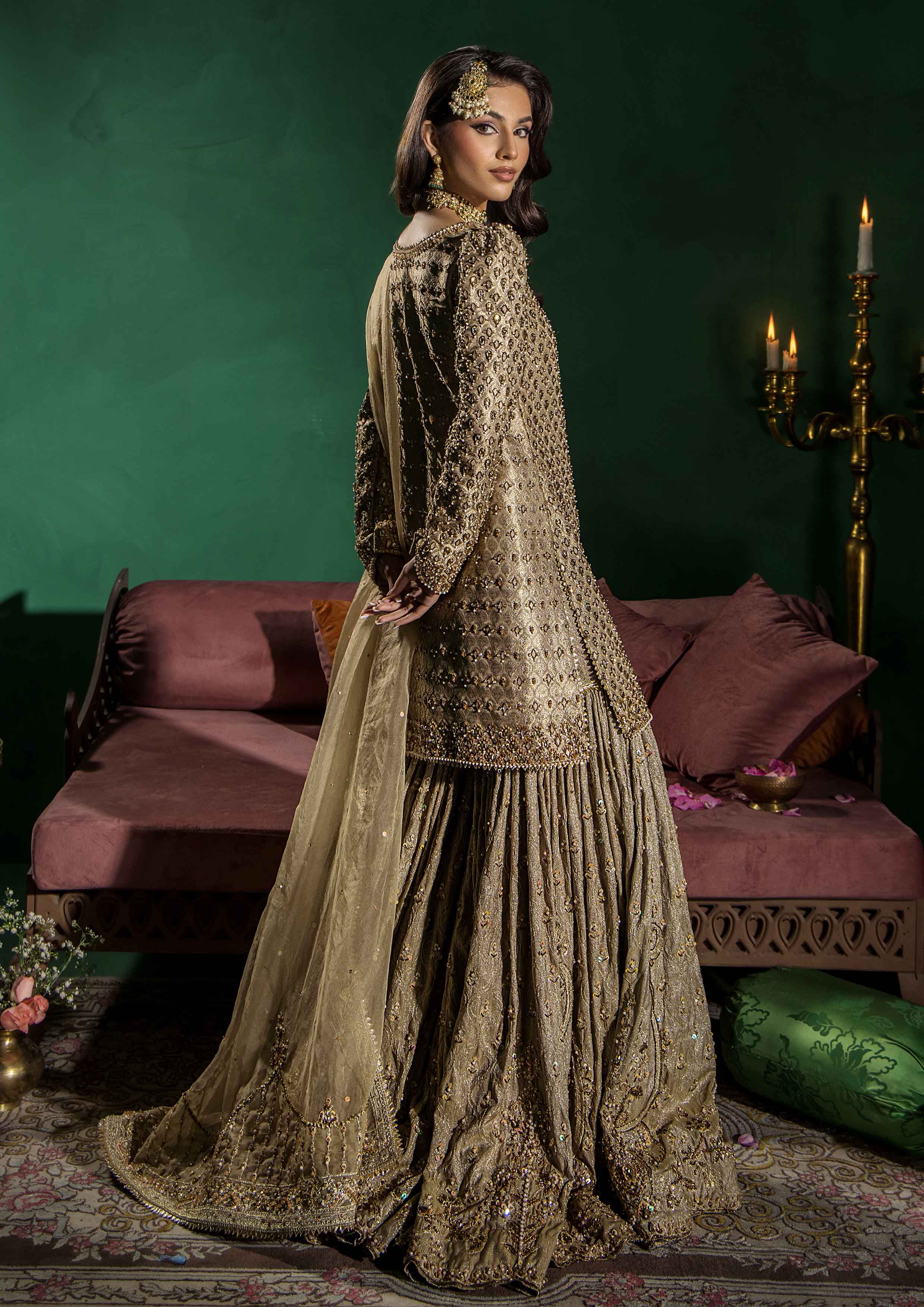 Pakistani Camel Beige Embellished Jamawar & Zarri Farshi Gharara (3-Piece) - Image 6