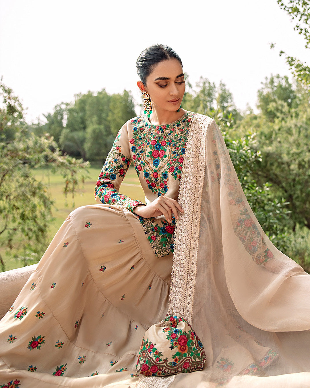 Pakistani Beige Embroidered Korean Raw Silk Gharara (3-Piece) - Image 2