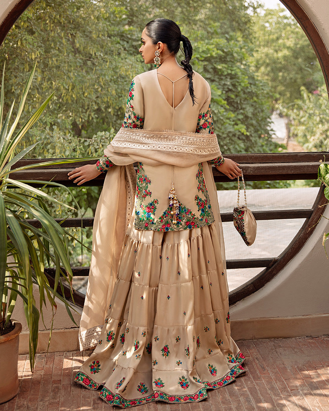 Pakistani Beige Embroidered Korean Raw Silk Gharara (3-Piece) - Image 3