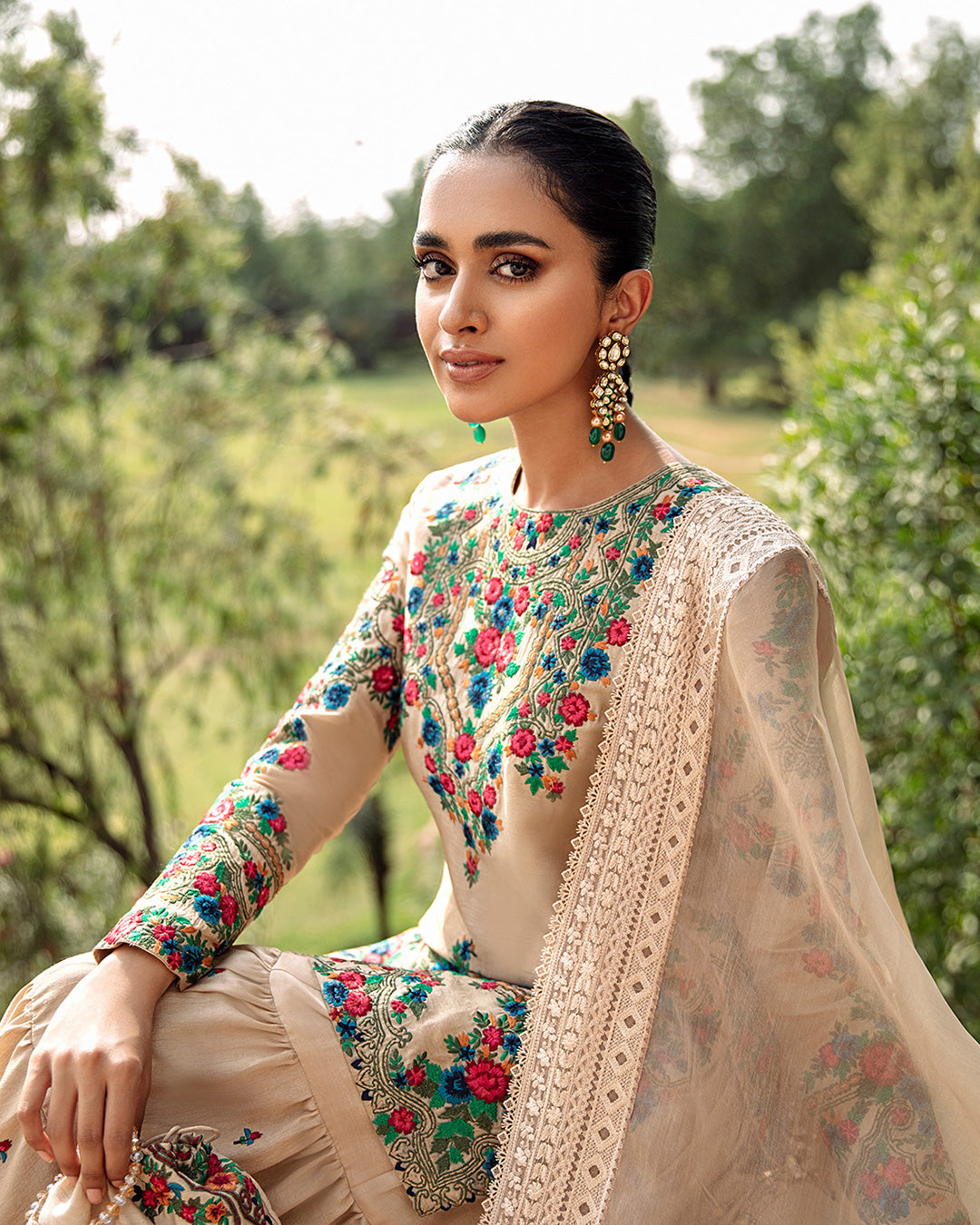 Pakistani Beige Embroidered Korean Raw Silk Gharara (3-Piece) - Image 5