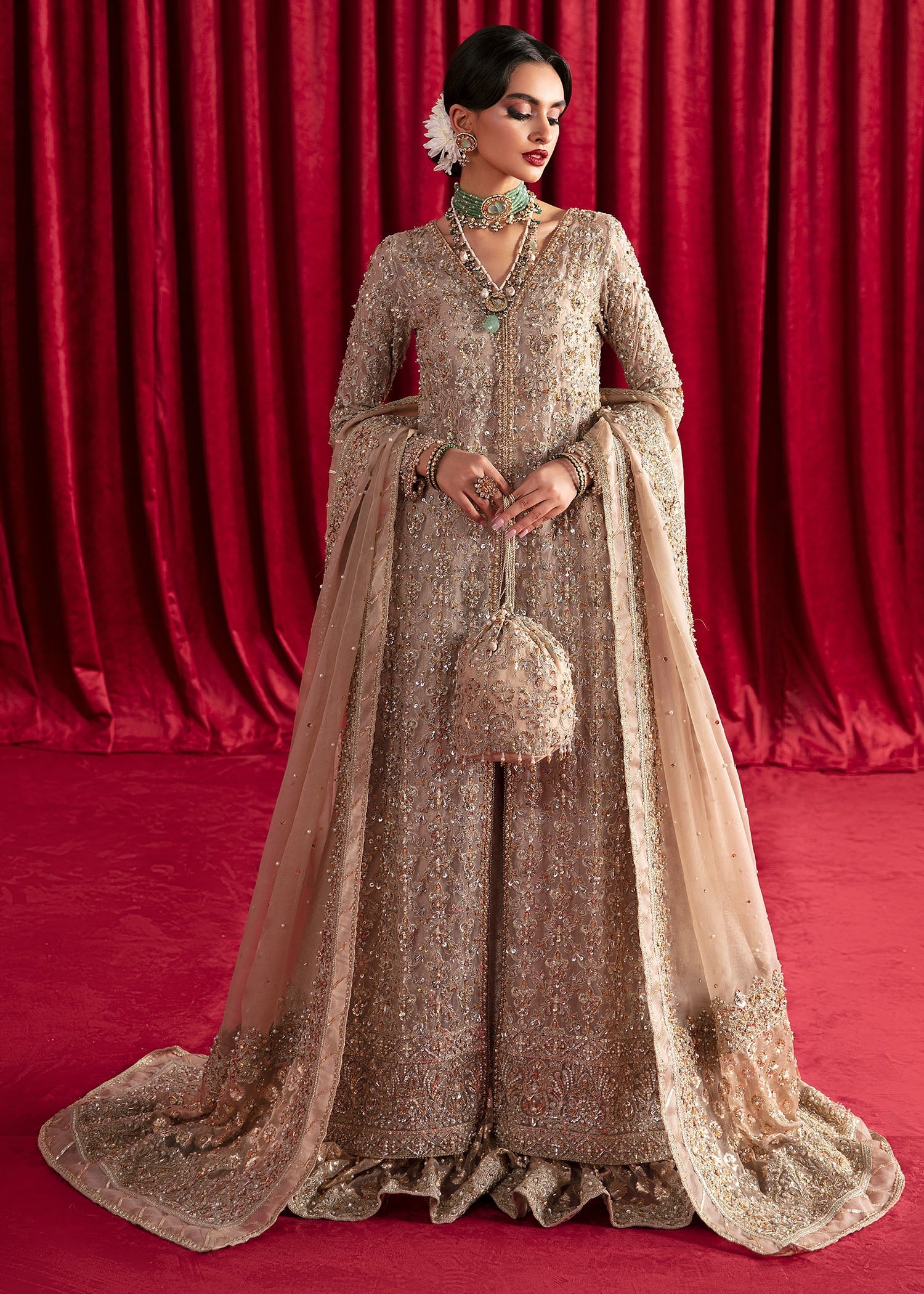 Indian Nude Embellished Organza Jamavar Gharara (3-Piece) - Image 1