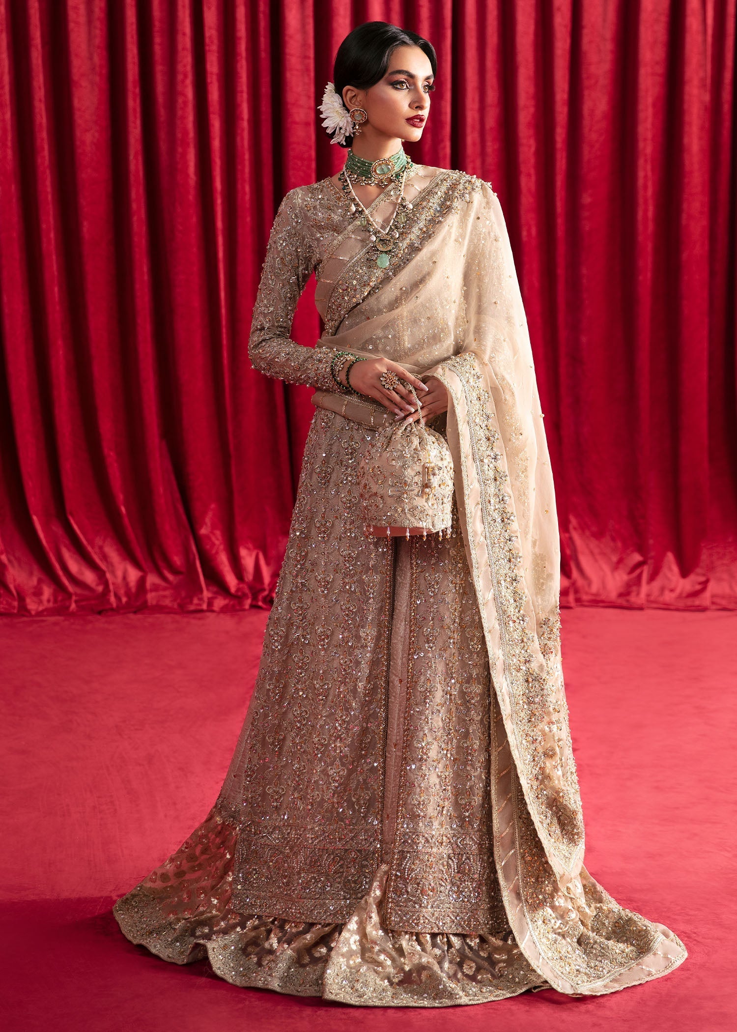 Indian Nude Embellished Organza Jamavar Gharara (3-Piece) - Image 3