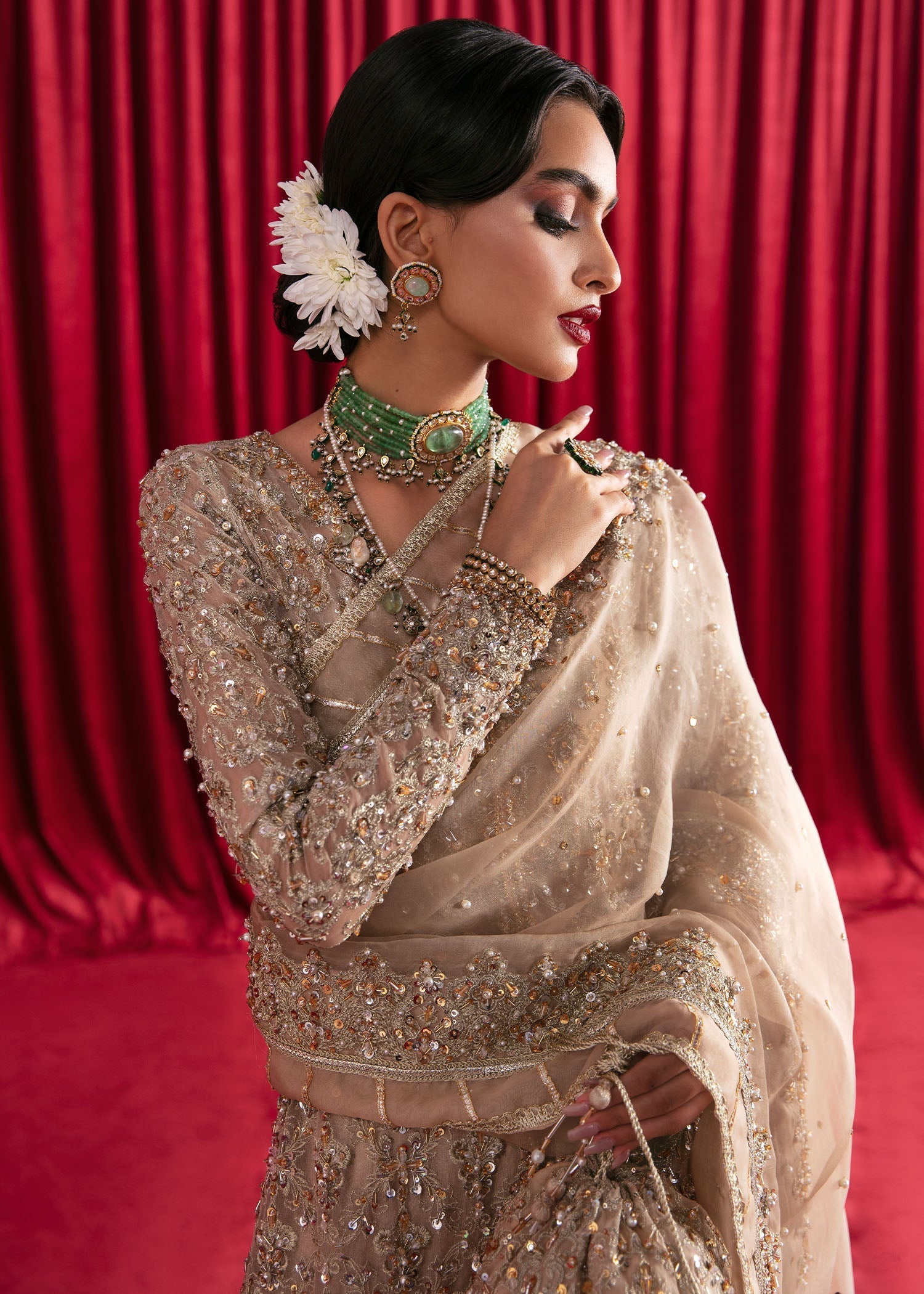 Indian Nude Embellished Organza Jamavar Gharara (3-Piece) - Image 4