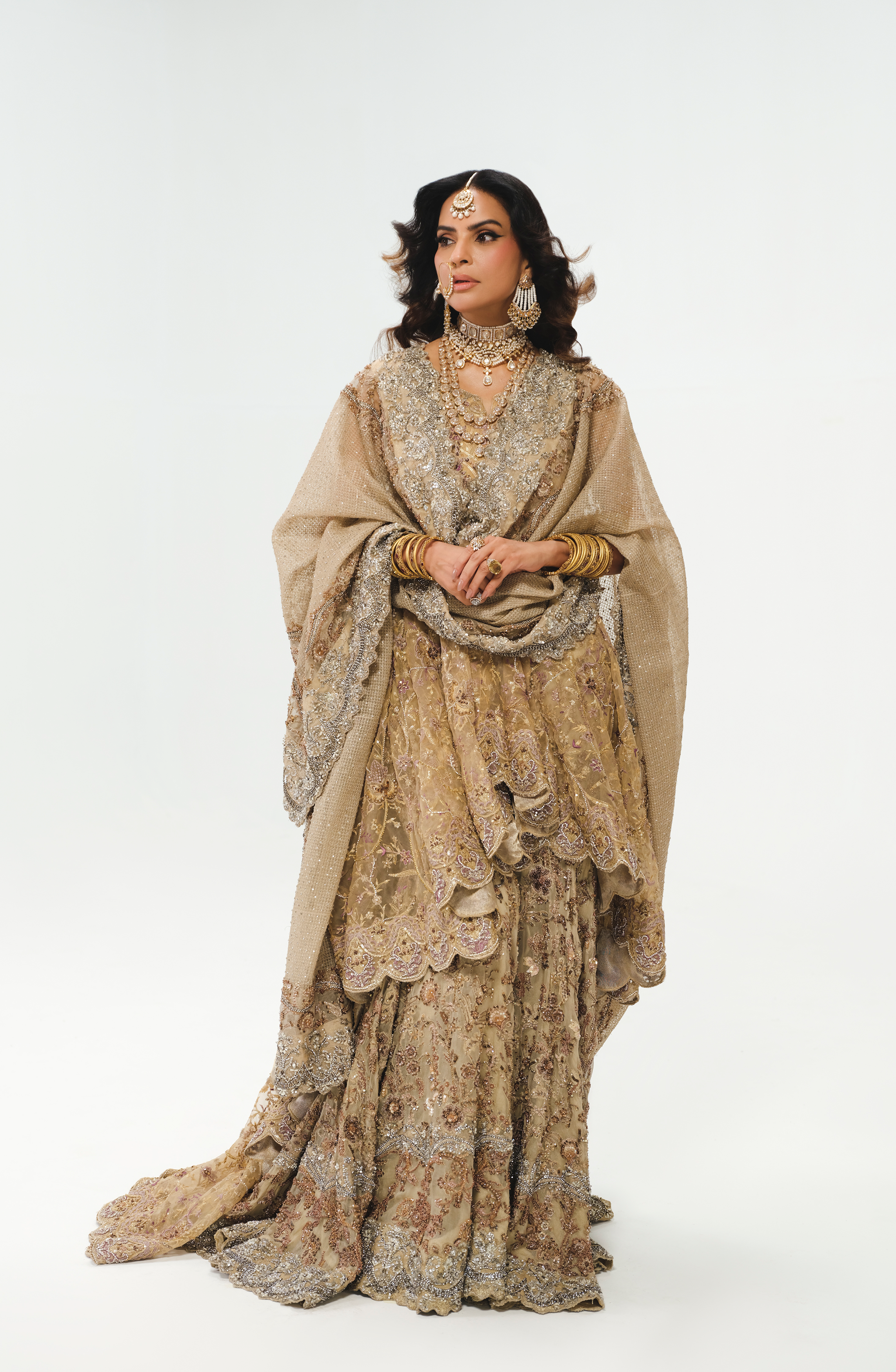 French Beige Embroidered Organza Farshi Gharara (3-Piece) - Image 2