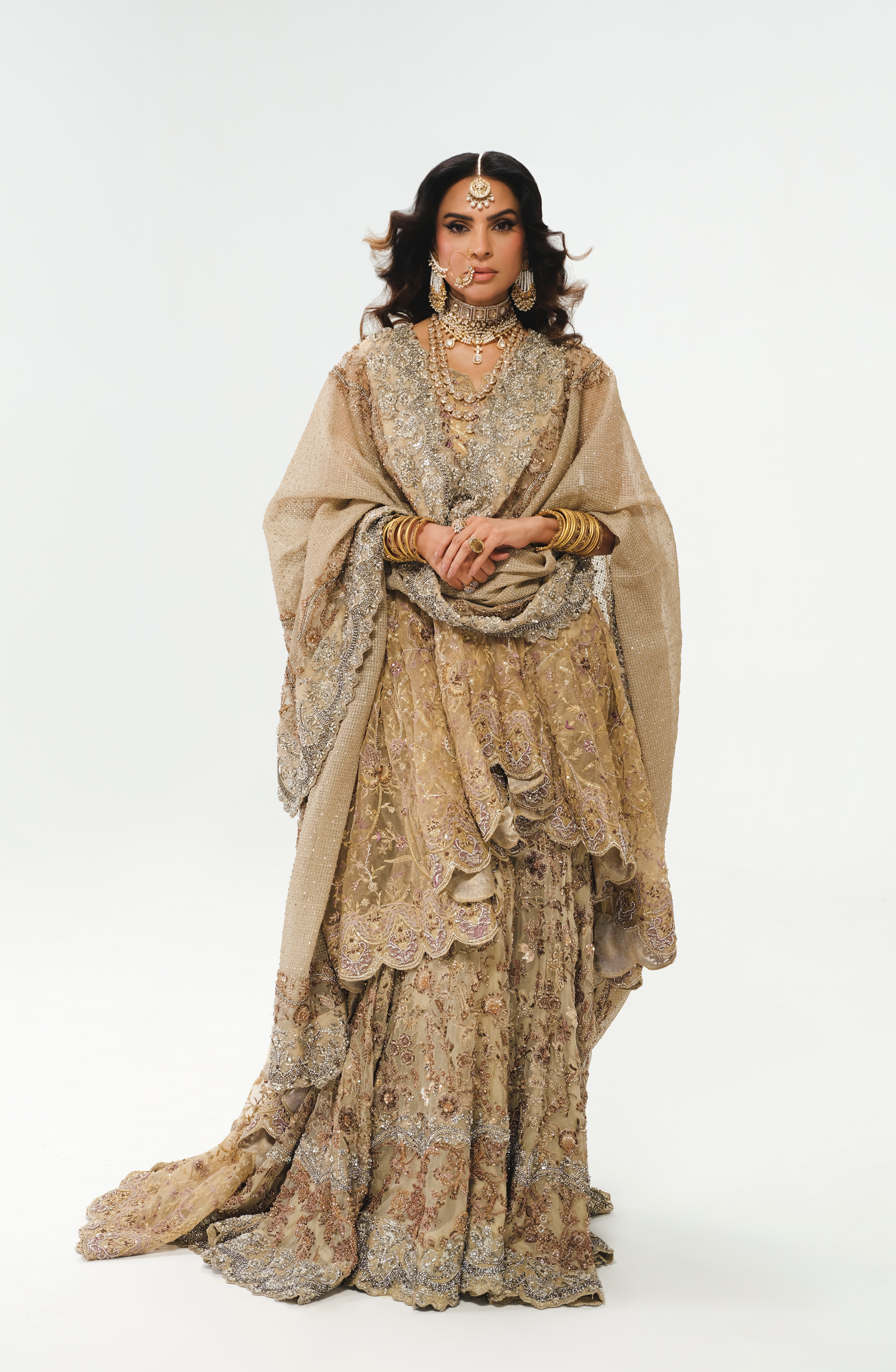 French Beige Embroidered Organza Farshi Gharara (3-Piece) - Image 3