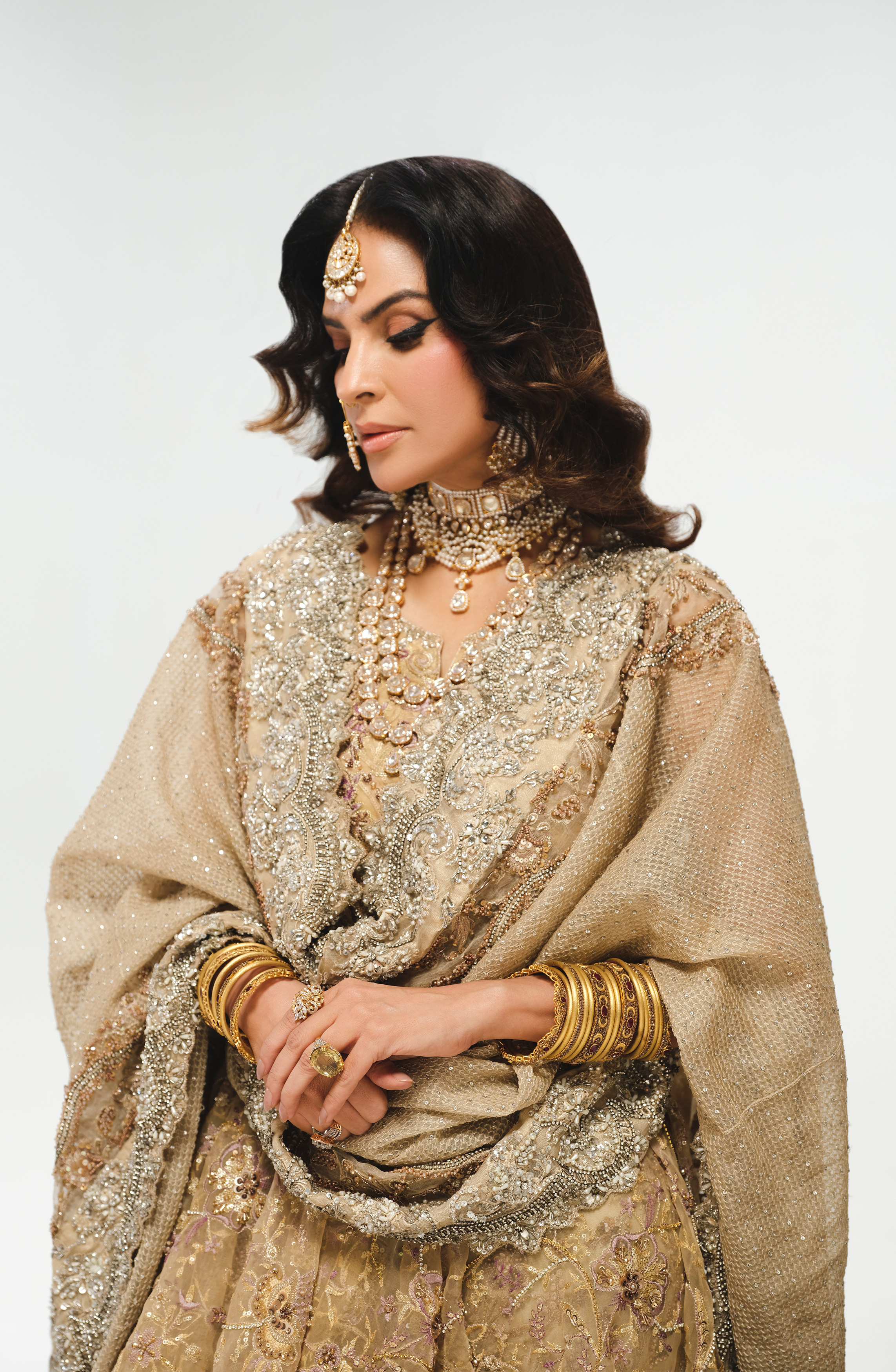 French Beige Embroidered Organza Farshi Gharara (3-Piece) - Image 4