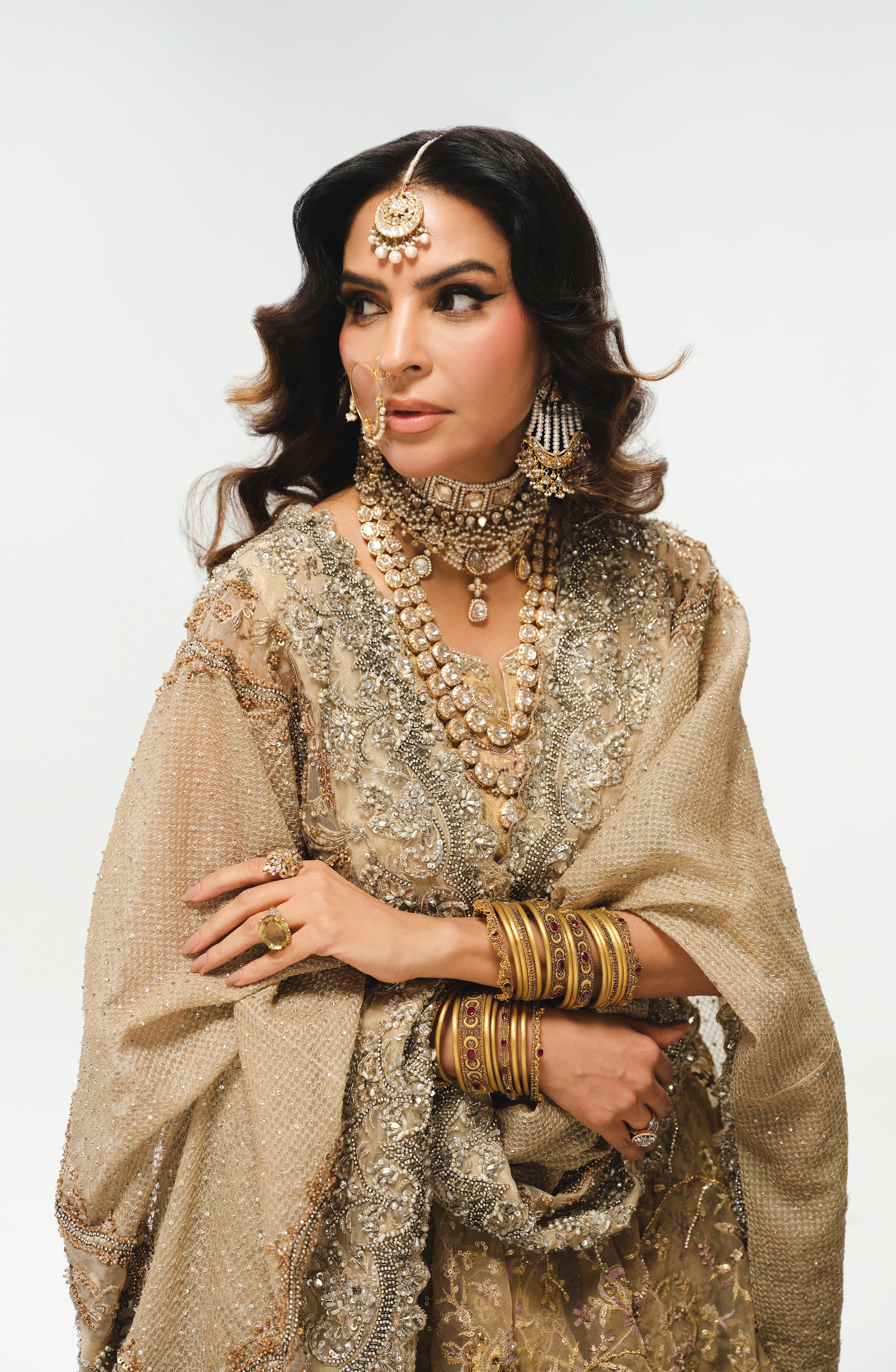 French Beige Embroidered Organza Farshi Gharara (3-Piece) - Image 6