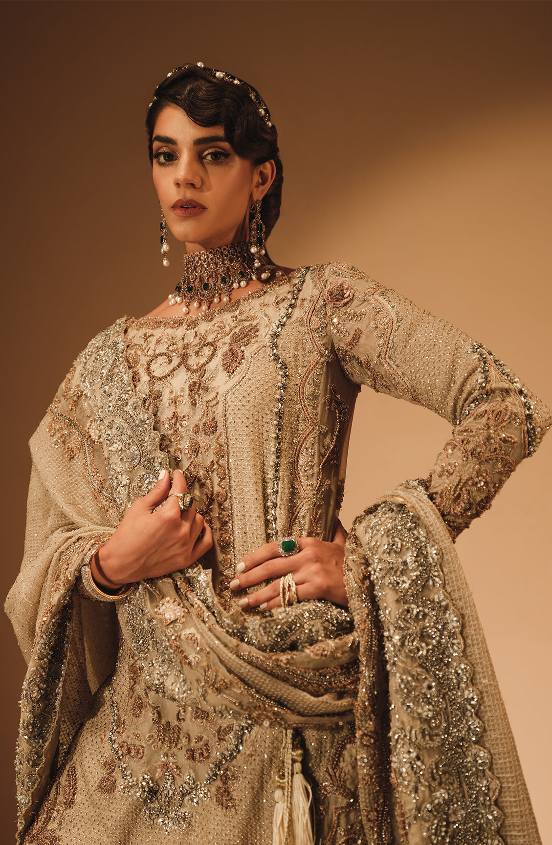 Pakistani French Beige & Sepia Embroidered Organza Farshi Gharara (3-Piece) - Image 1