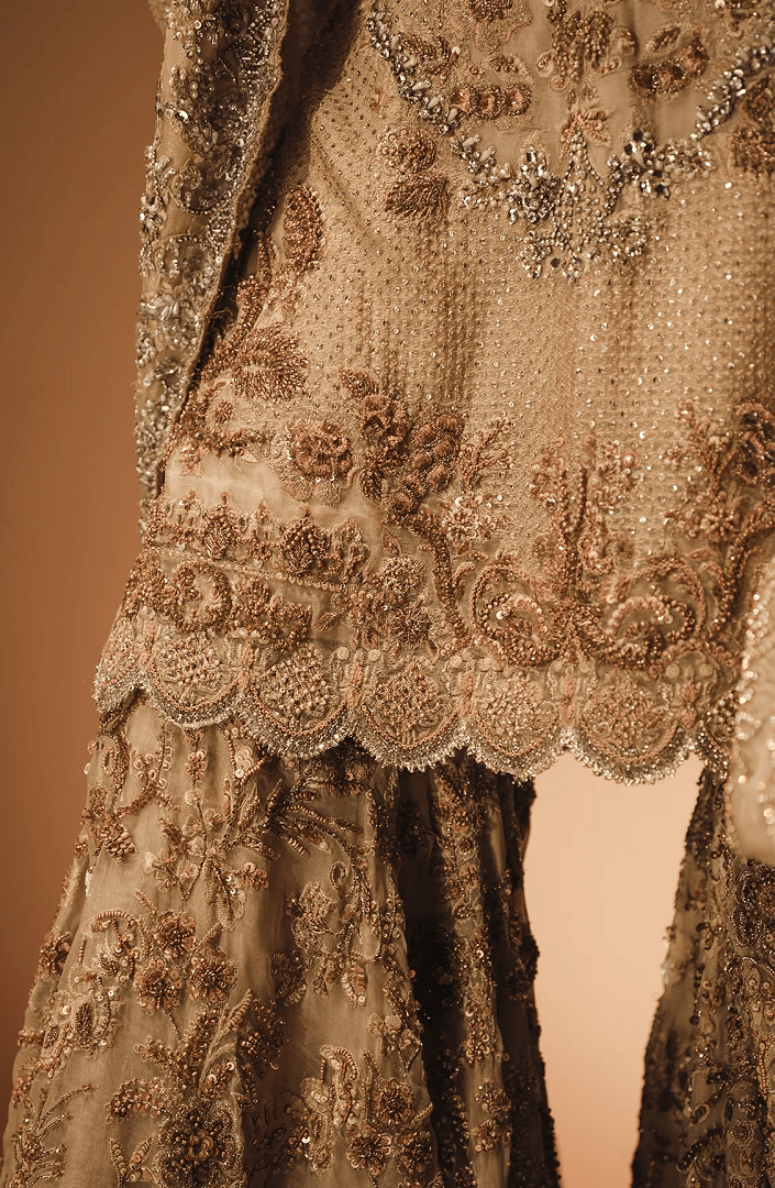 Pakistani French Beige & Sepia Embroidered Organza Farshi Gharara (3-Piece) - Image 4