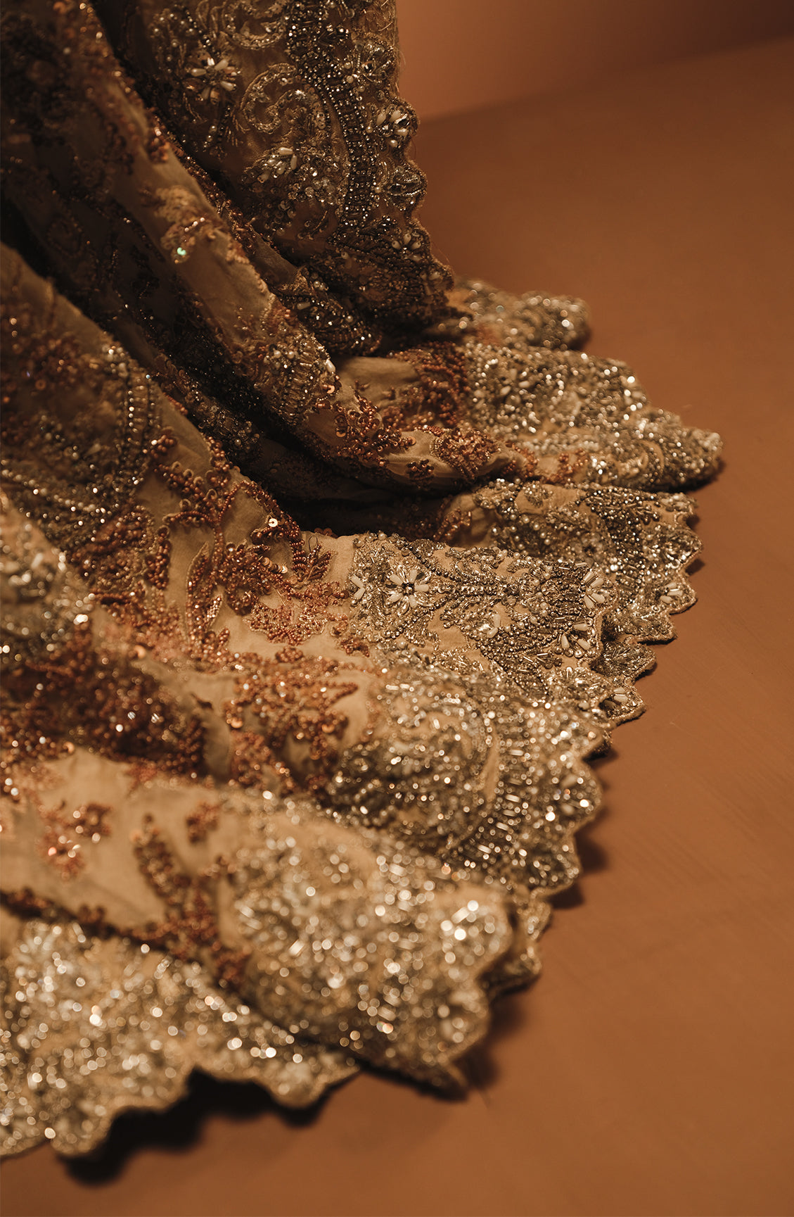 Pakistani French Beige & Sepia Embroidered Organza Farshi Gharara (3-Piece) - Image 5