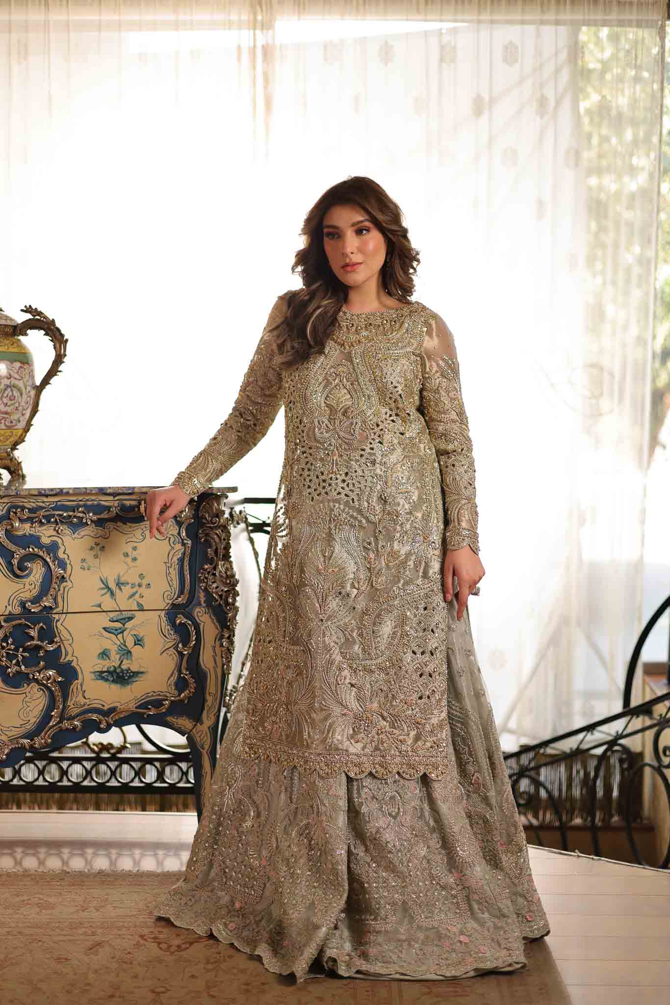 Soft Beige Embroidered Tissue Gharara (3-Piece) - Image 1