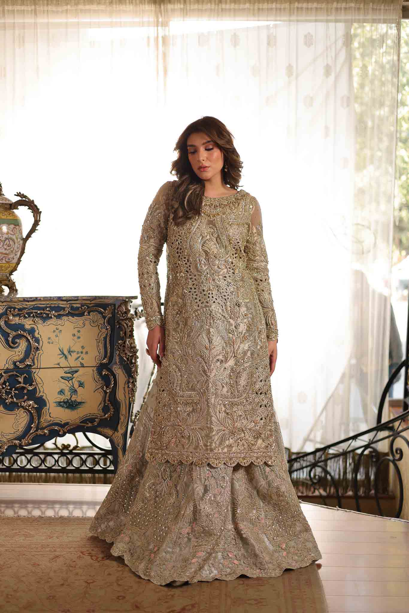 Soft Beige Embroidered Tissue Gharara (3-Piece) - Image 2