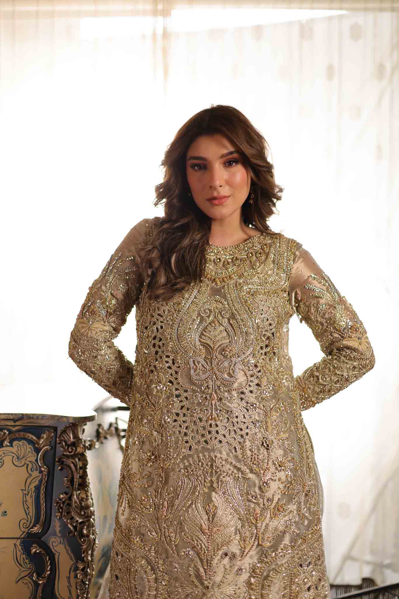 Soft Beige Embroidered Tissue Gharara (3-Piece) - Image 3