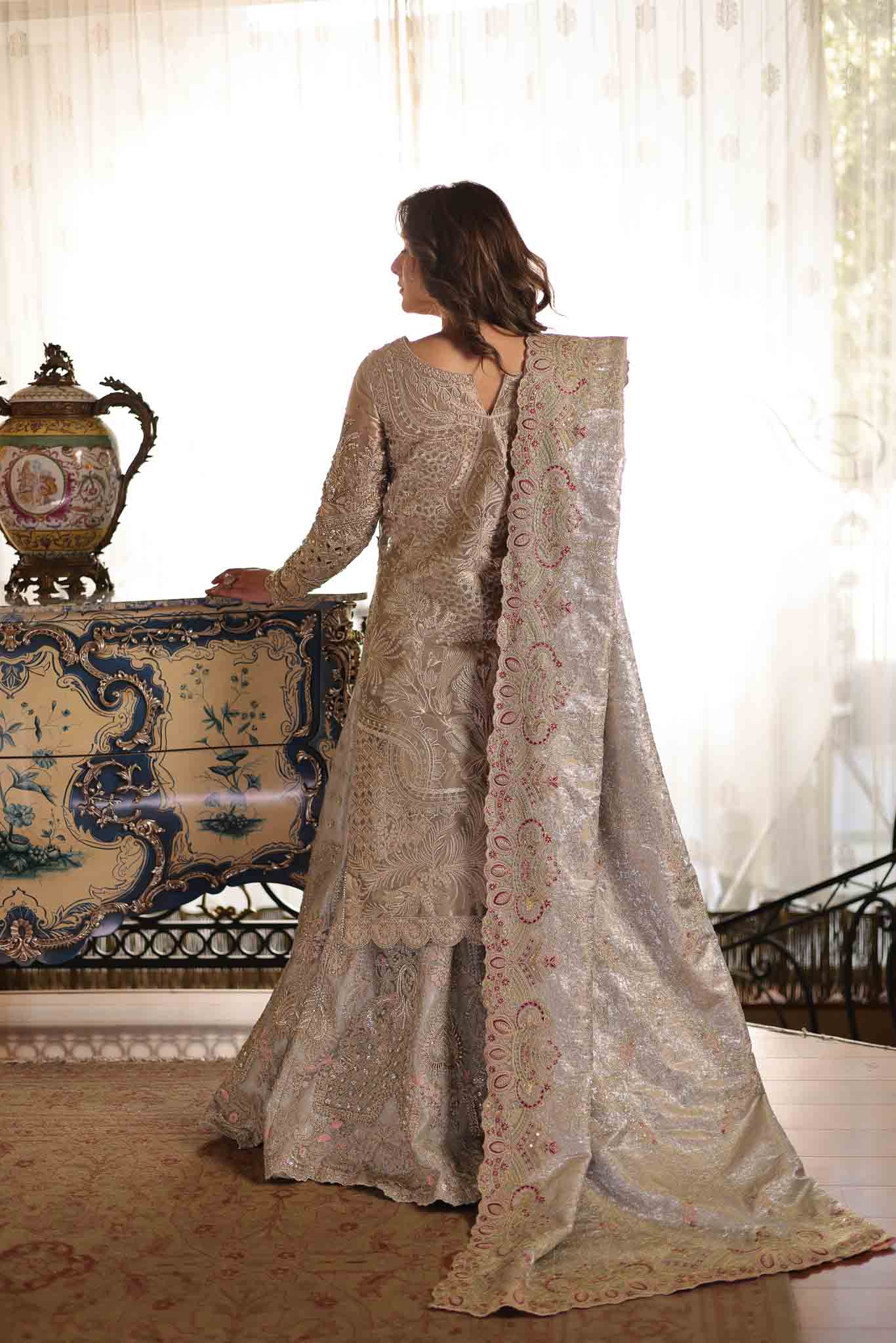 Soft Beige Embroidered Tissue Gharara (3-Piece) - Image 5