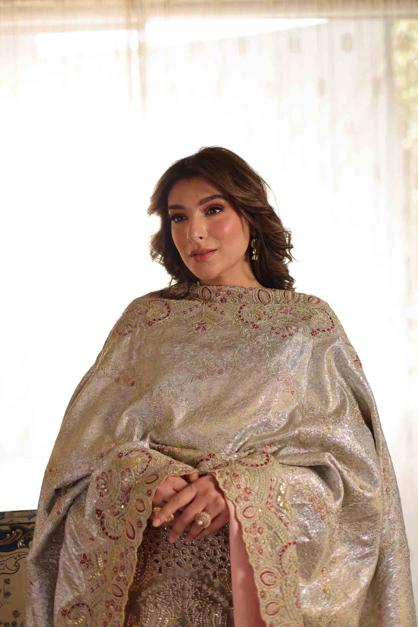 Soft Beige Embroidered Tissue Gharara (3-Piece) - Image 6