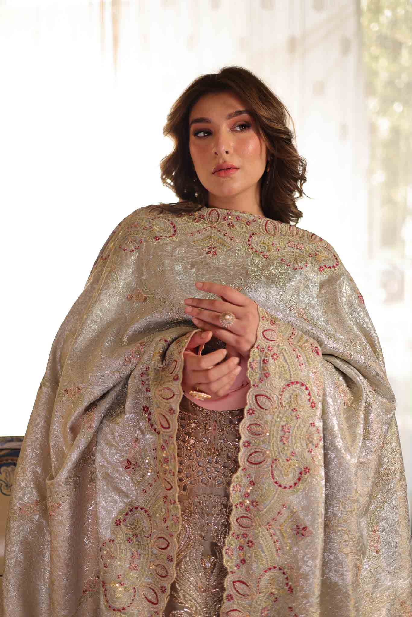 Soft Beige Embroidered Tissue Gharara (3-Piece) - Image 7