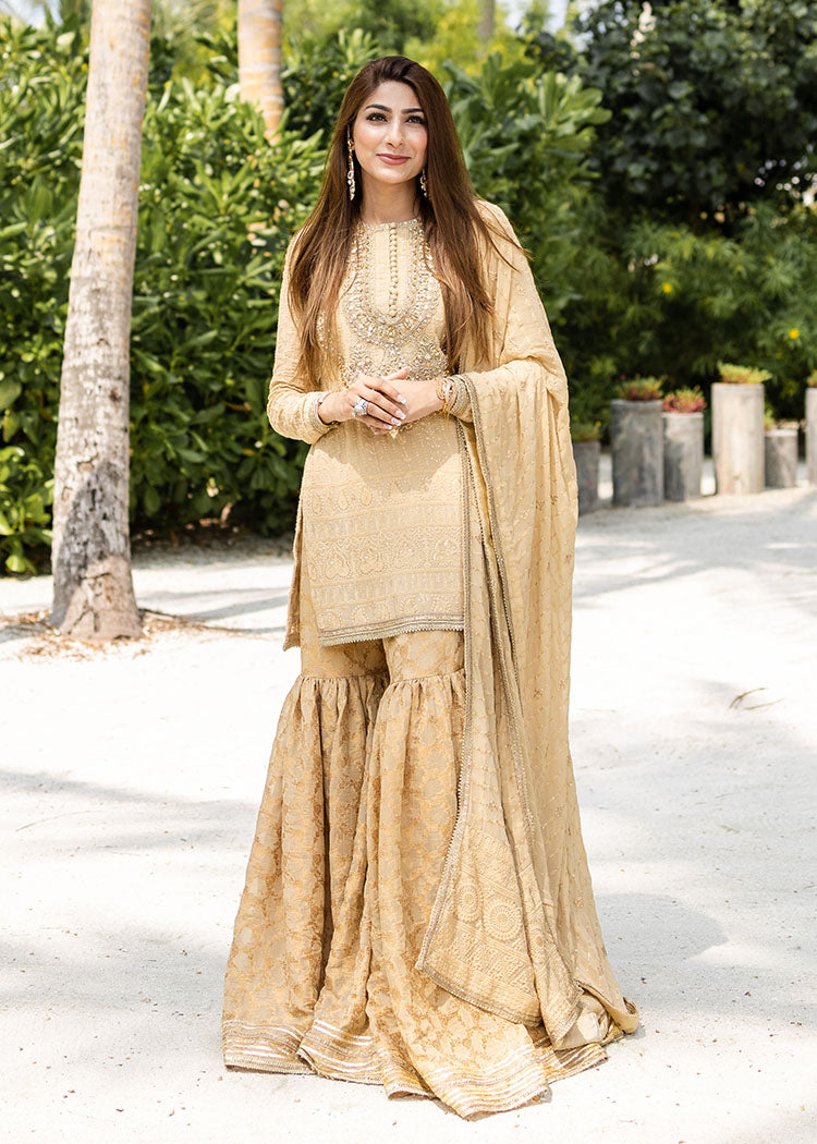 Nude Embroidered Chiffon & Zari Gharara (3-Piece) - Image 1