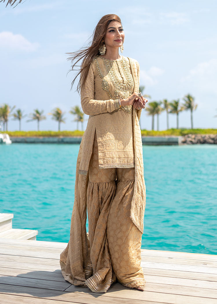 Nude Embroidered Chiffon & Zari Gharara (3-Piece) - Image 2