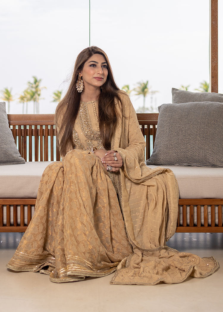 Nude Embroidered Chiffon & Zari Gharara (3-Piece) - Image 7