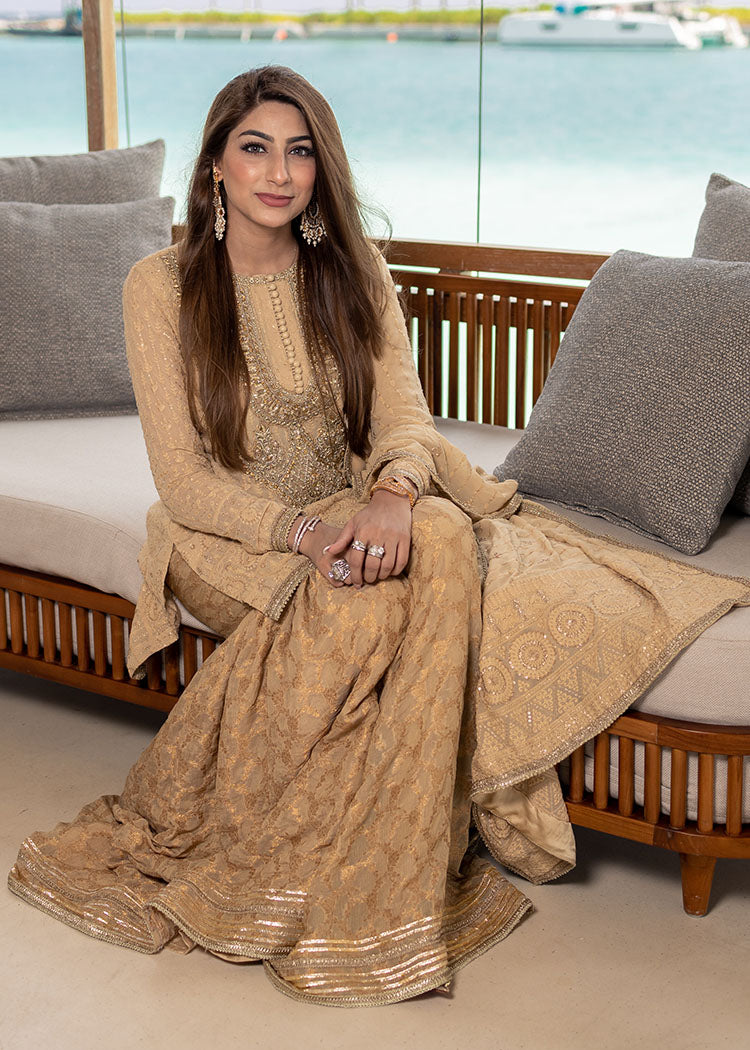 Nude Embroidered Chiffon & Zari Gharara (3-Piece) - Image 8