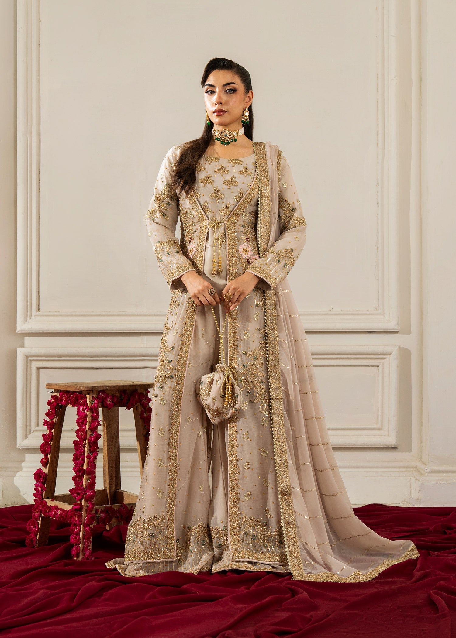 Beige Embellished Chiffon Flared Gown (3-Piece) - Image 1