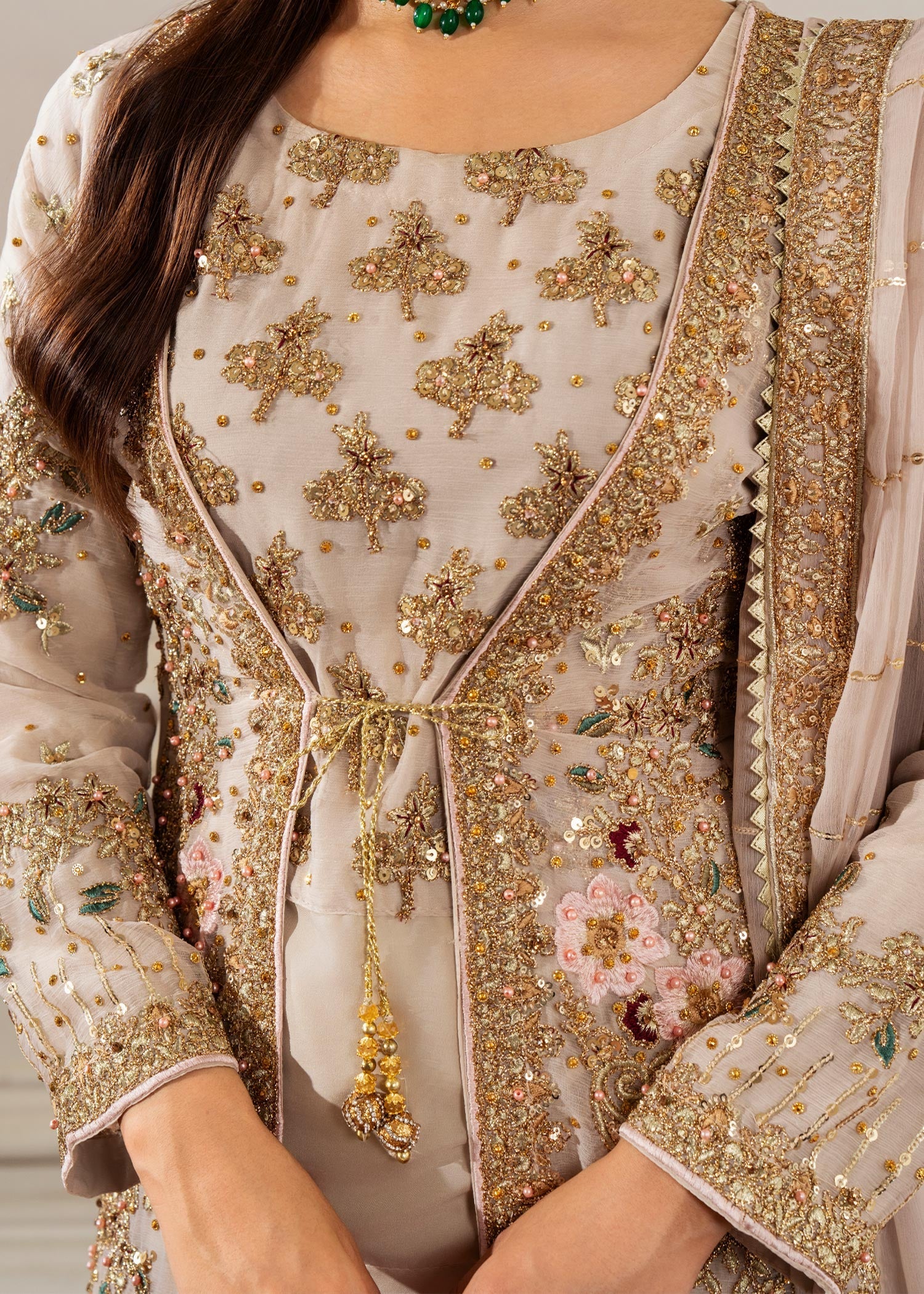 Beige Embellished Chiffon Flared Gown (3-Piece) - Image 3