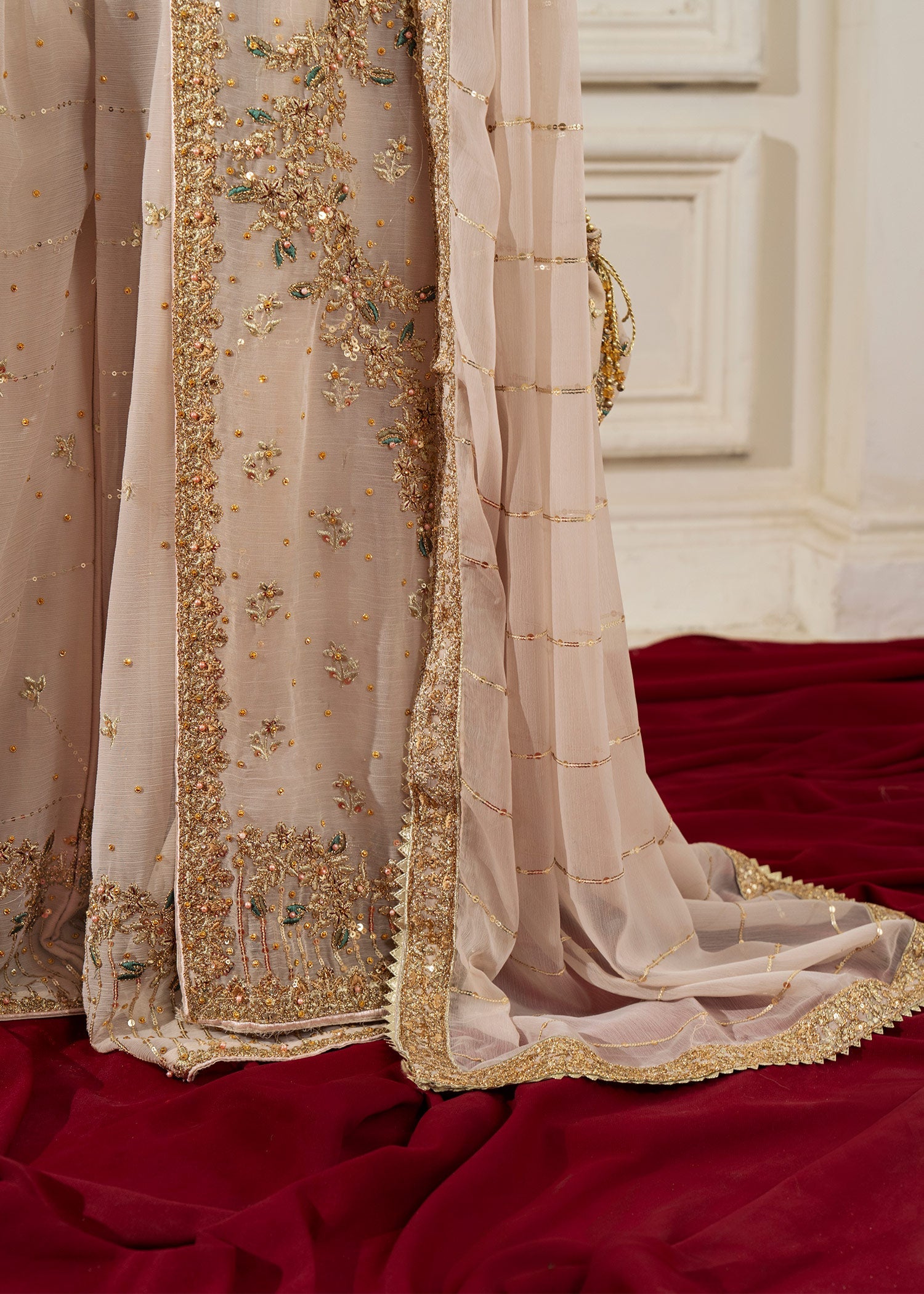 Beige Embellished Chiffon Flared Gown (3-Piece) - Image 4