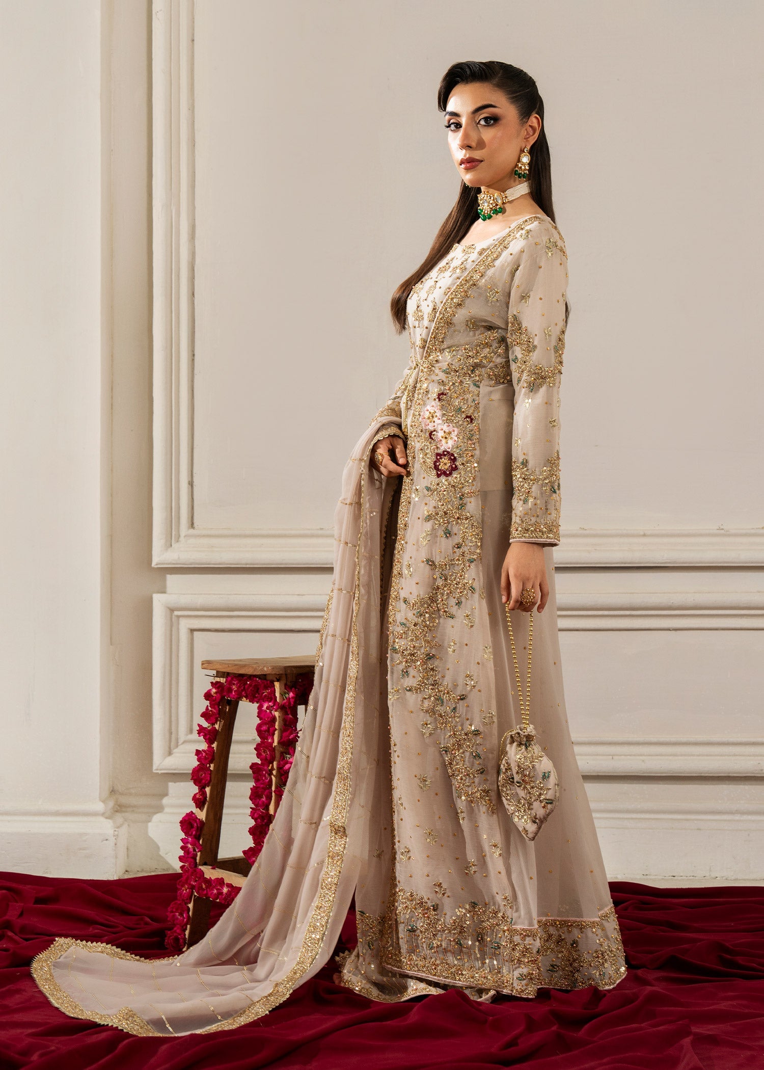 Beige Embellished Chiffon Flared Gown (3-Piece) - Image 5