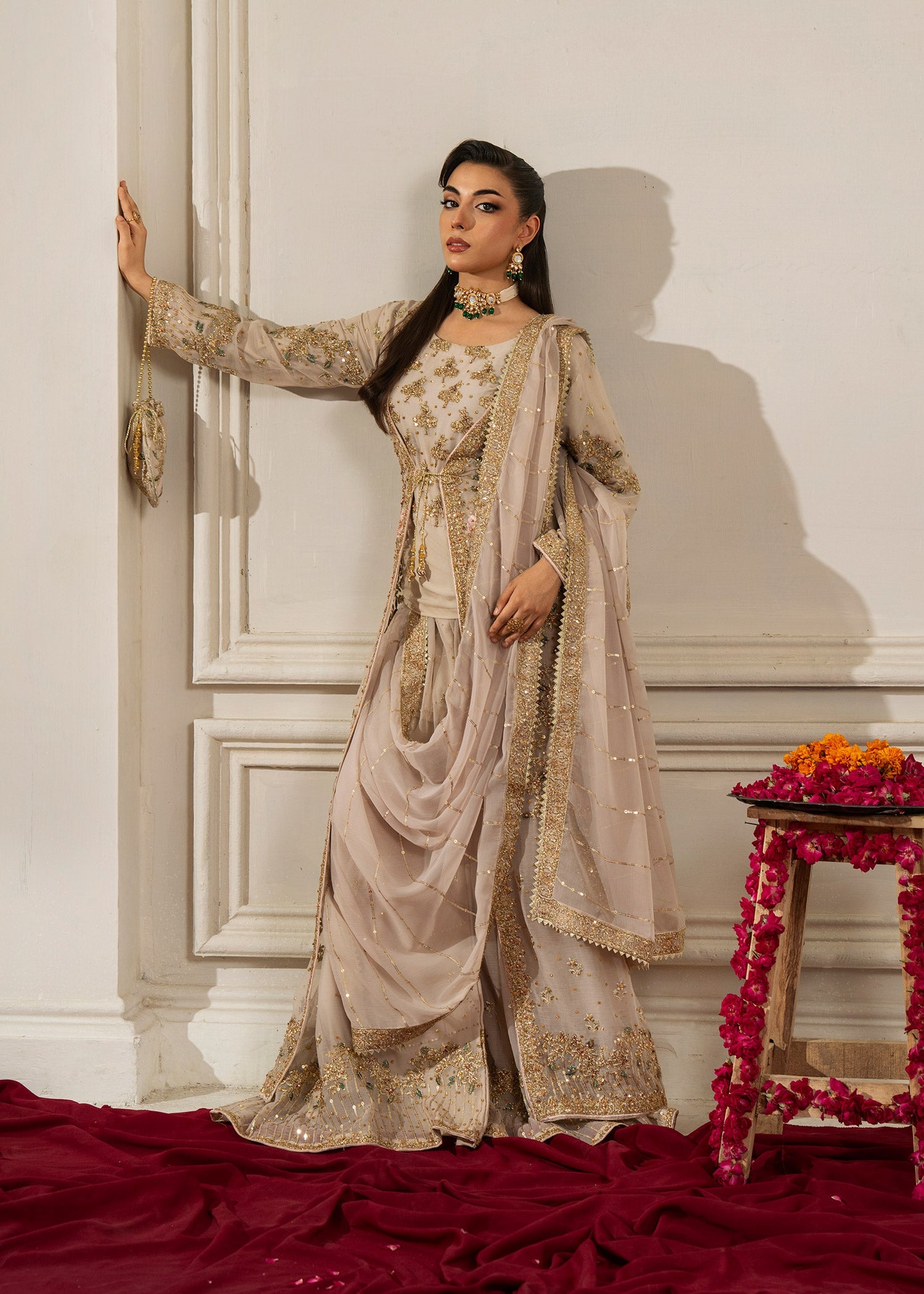 Beige Embellished Chiffon Flared Gown (3-Piece) - Image 6