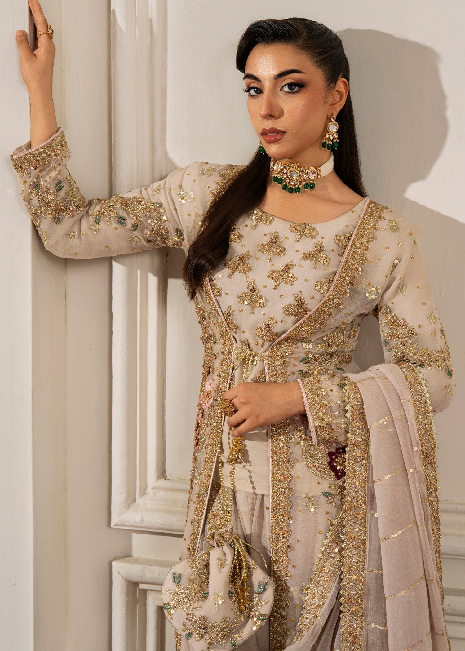 Beige Embellished Chiffon Flared Gown (3-Piece) - Image 7