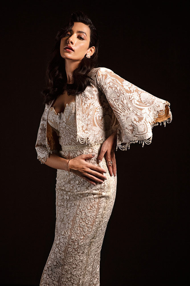 Beige Gold Embroidered Lace Corset Gown (2-Piece) - Image 2