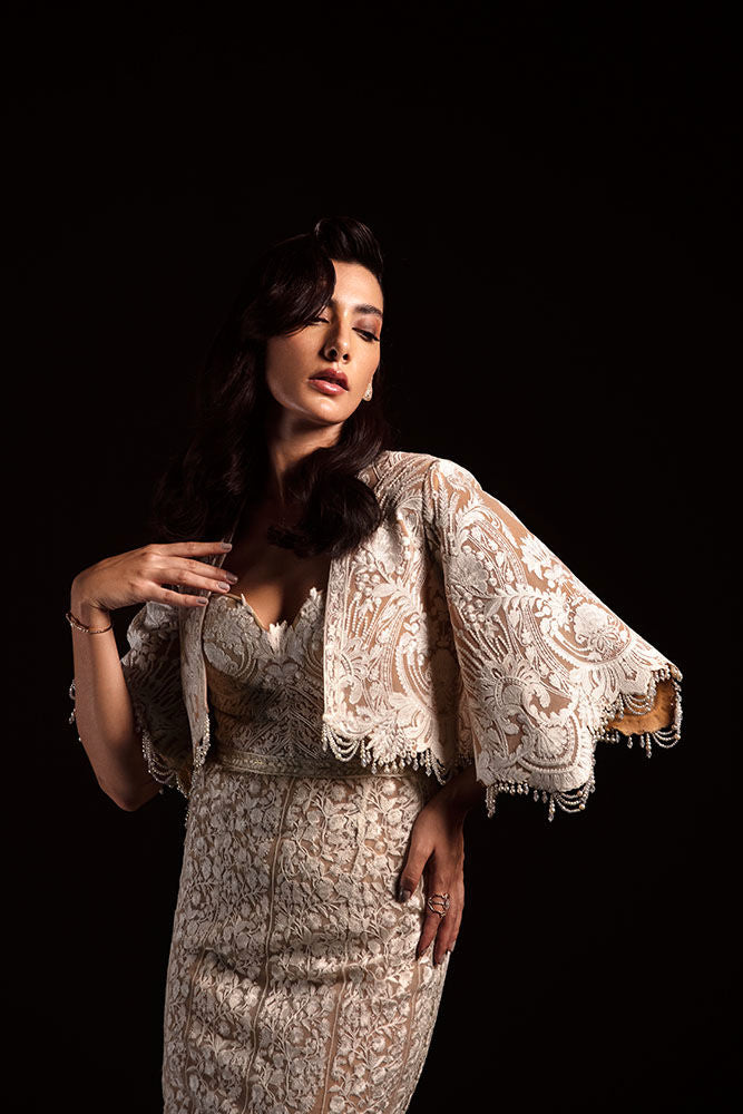 Beige Gold Embroidered Lace Corset Gown (2-Piece) - Image 4