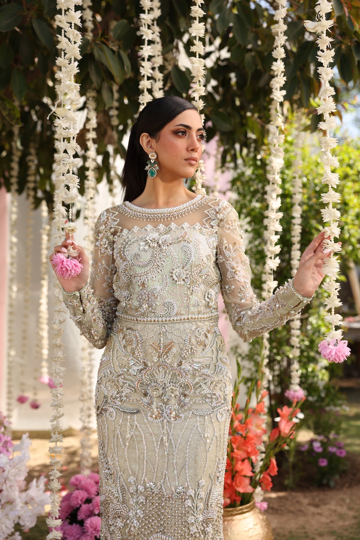 Pastel Beige Beaded Net Gown (2-Piece) - Image 2