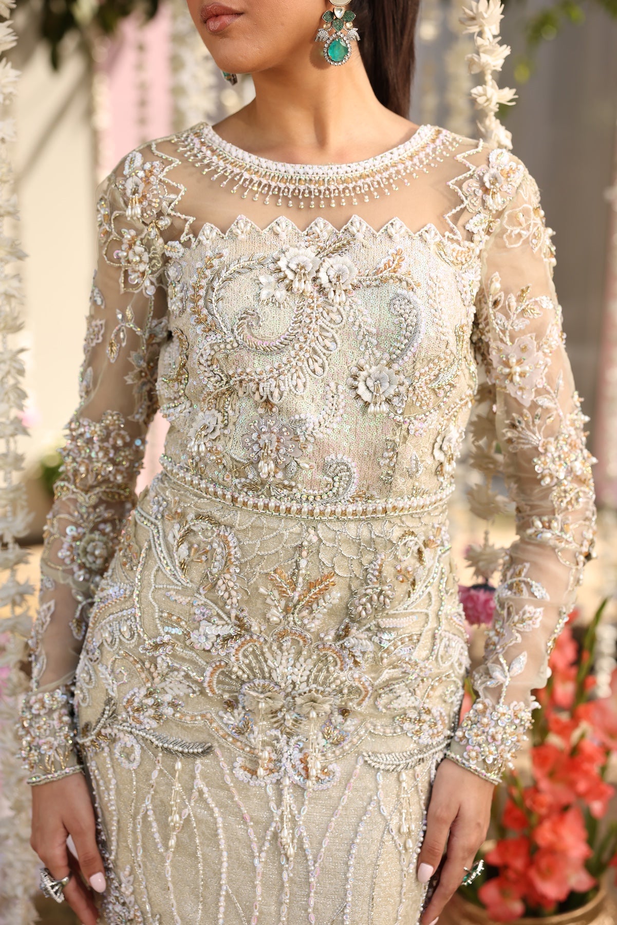 Pastel Beige Beaded Net Gown (2-Piece) - Image 8