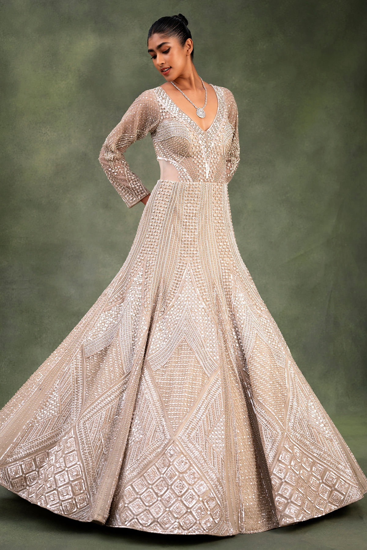 Beige Beaded Net Floor-Length Indo-Western Gown (1-Pc) - Image 1