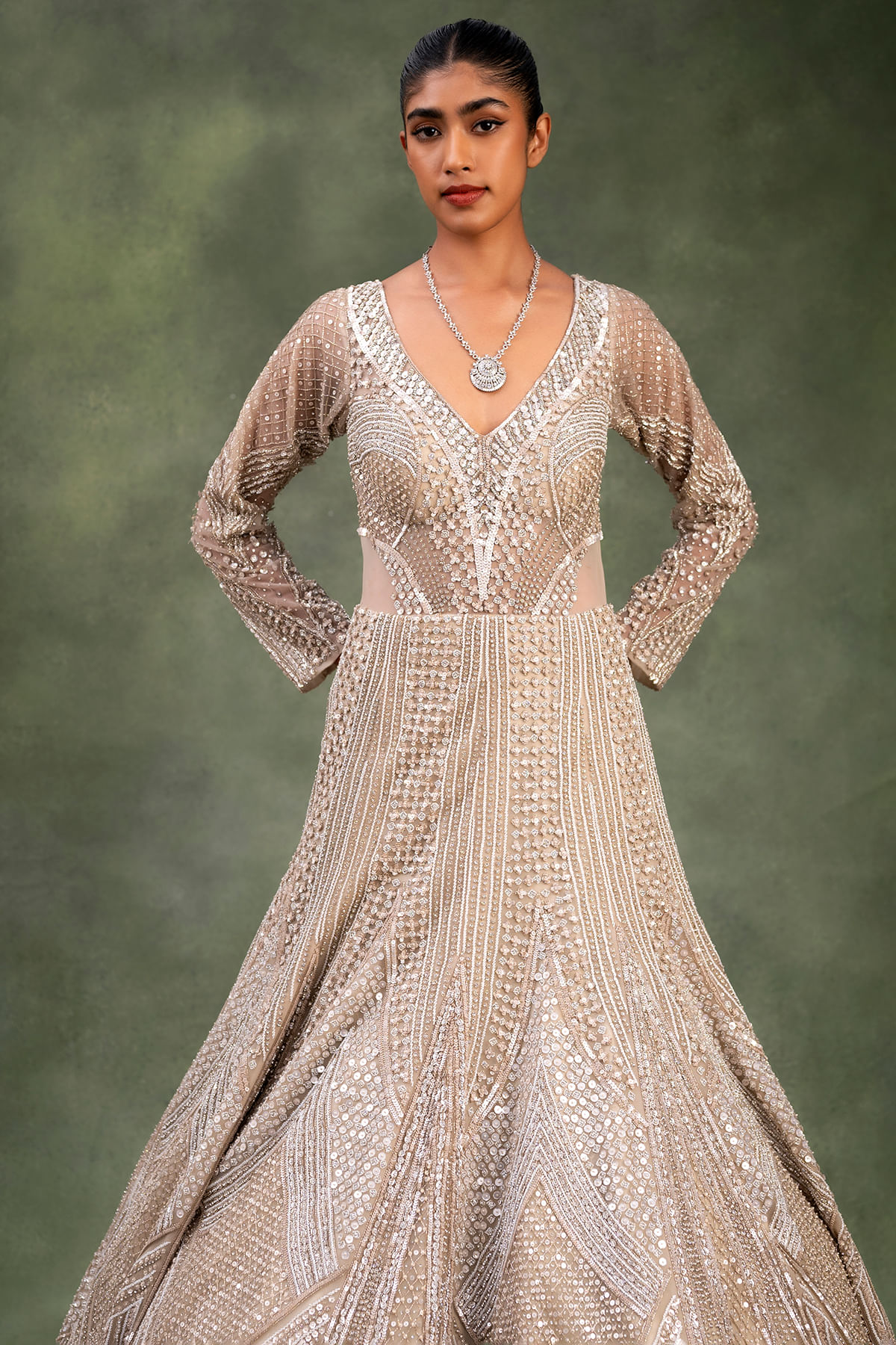 Beige Beaded Net Floor-Length Indo-Western Gown (1-Pc) - Image 2