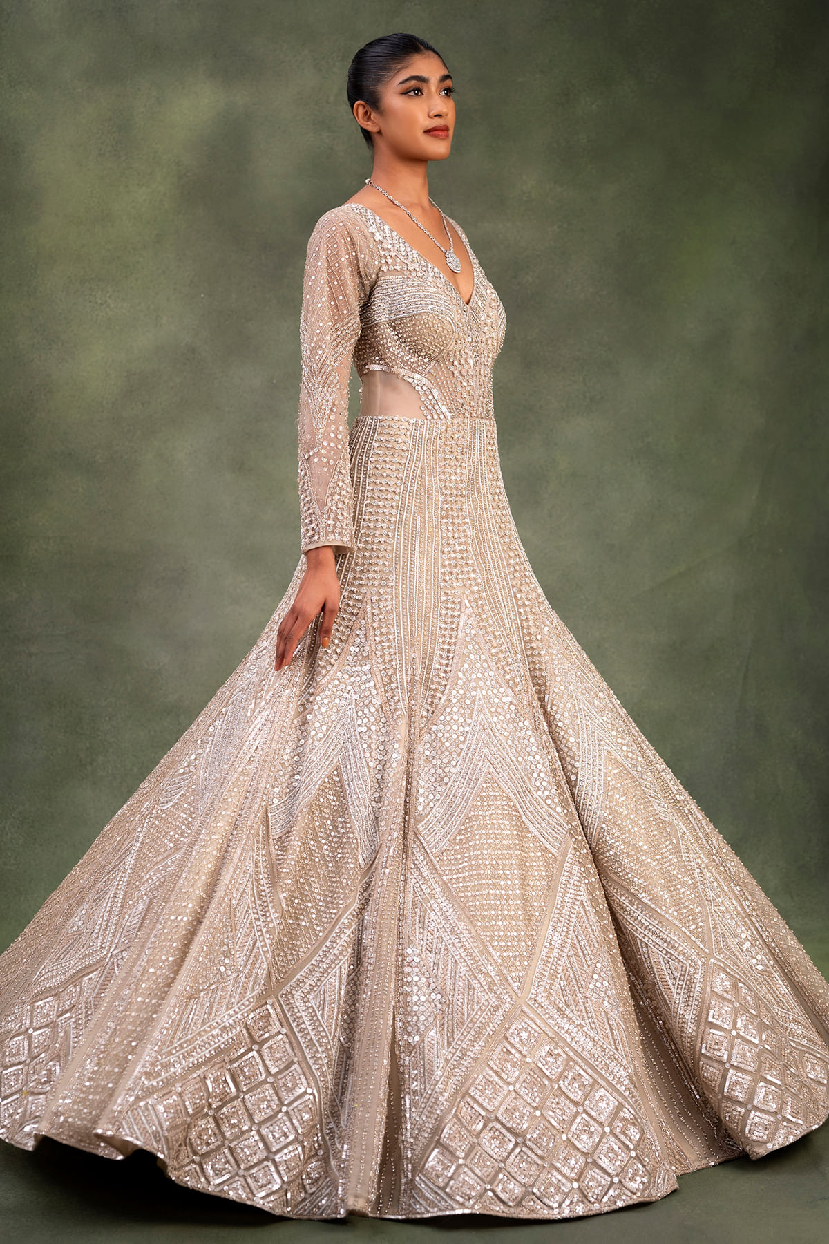 Beige Beaded Net Floor-Length Indo-Western Gown (1-Pc) - Image 3