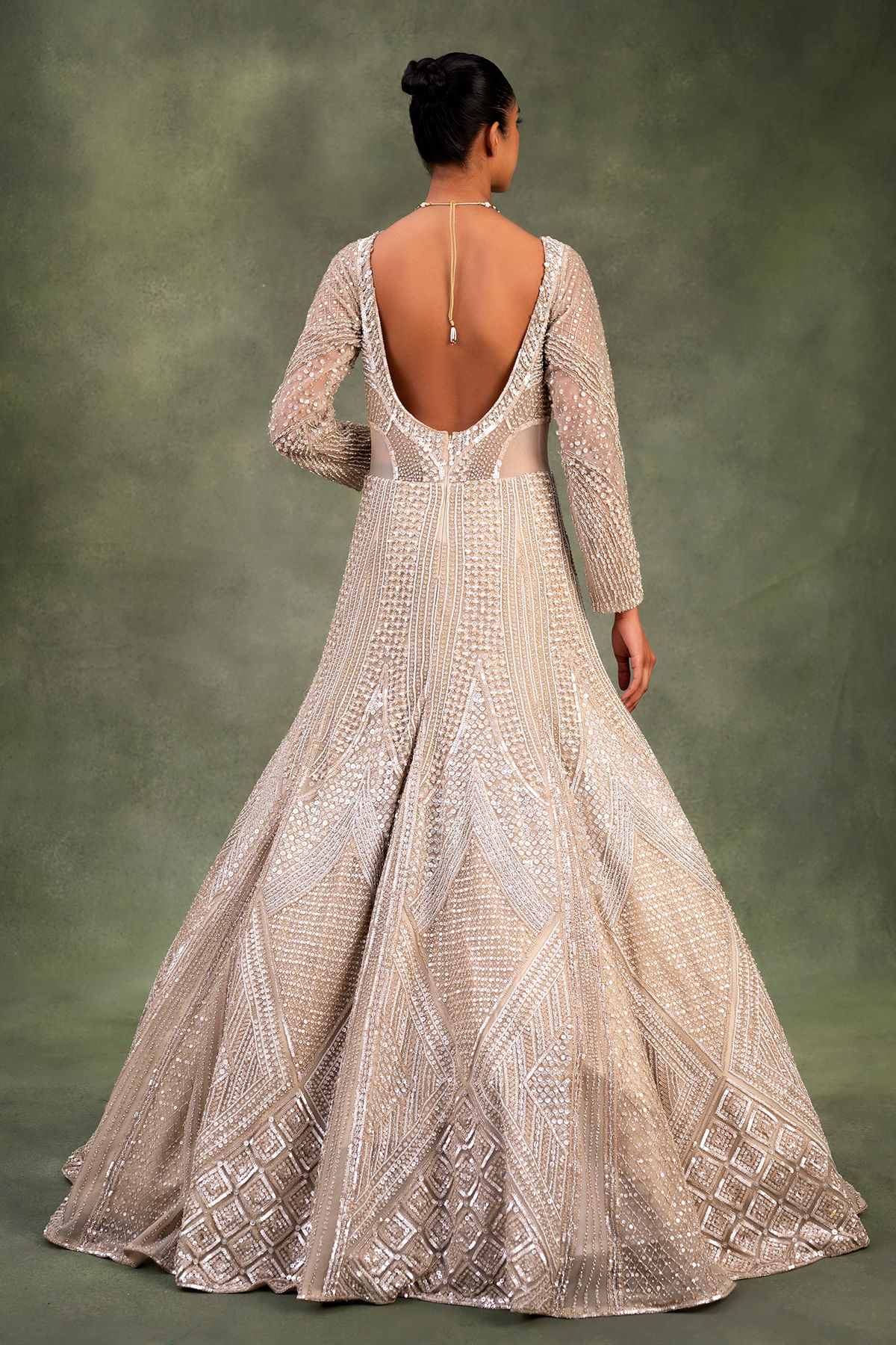 Beige Beaded Net Floor-Length Indo-Western Gown (1-Pc) - Image 4