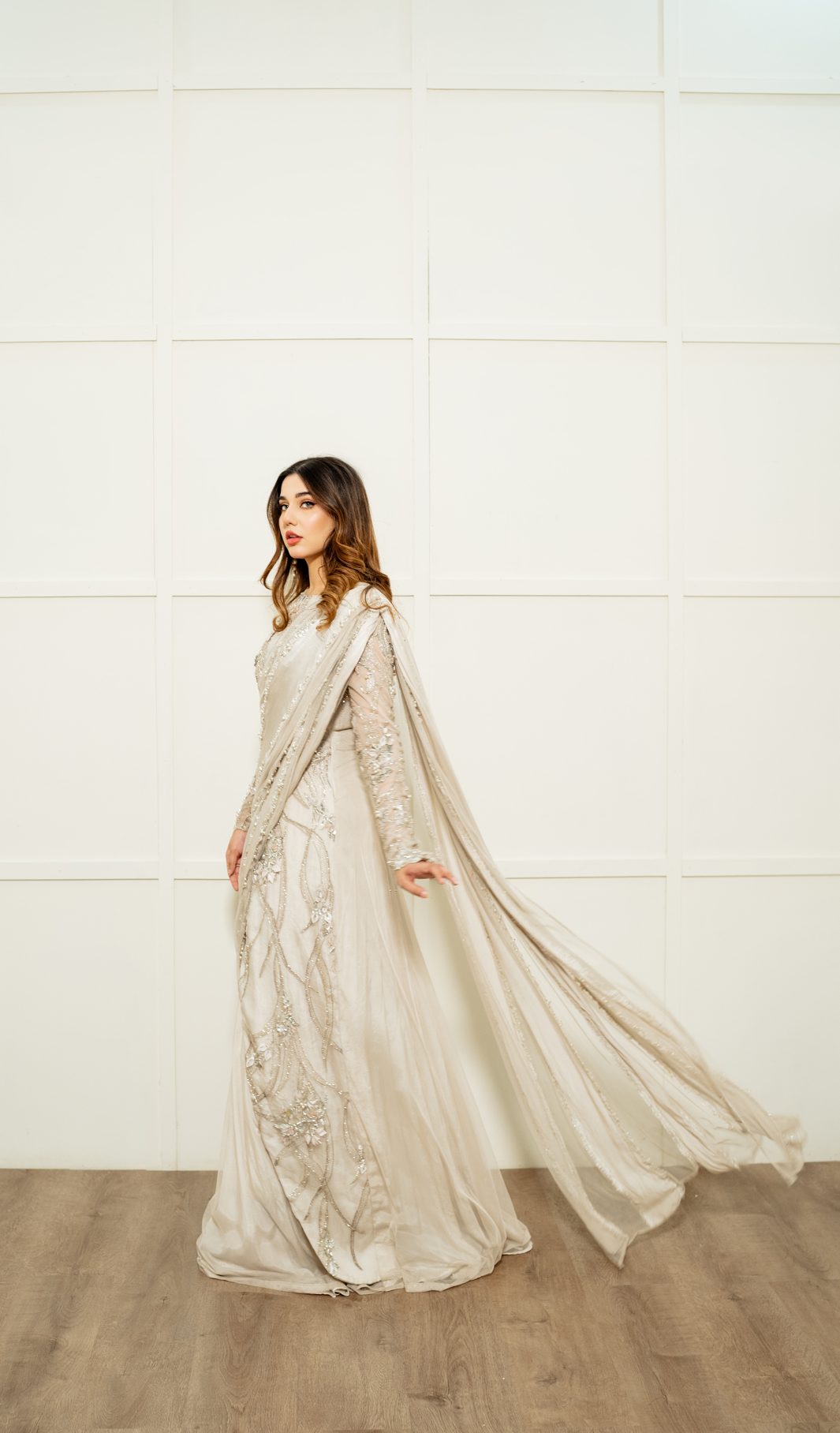 Beige White Embellished Net Saree-Style Gown (1-Pc) - Image 1