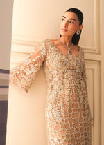 Beige Embroidered Net Straight-Cut Gown (3-Piece) - Image 3