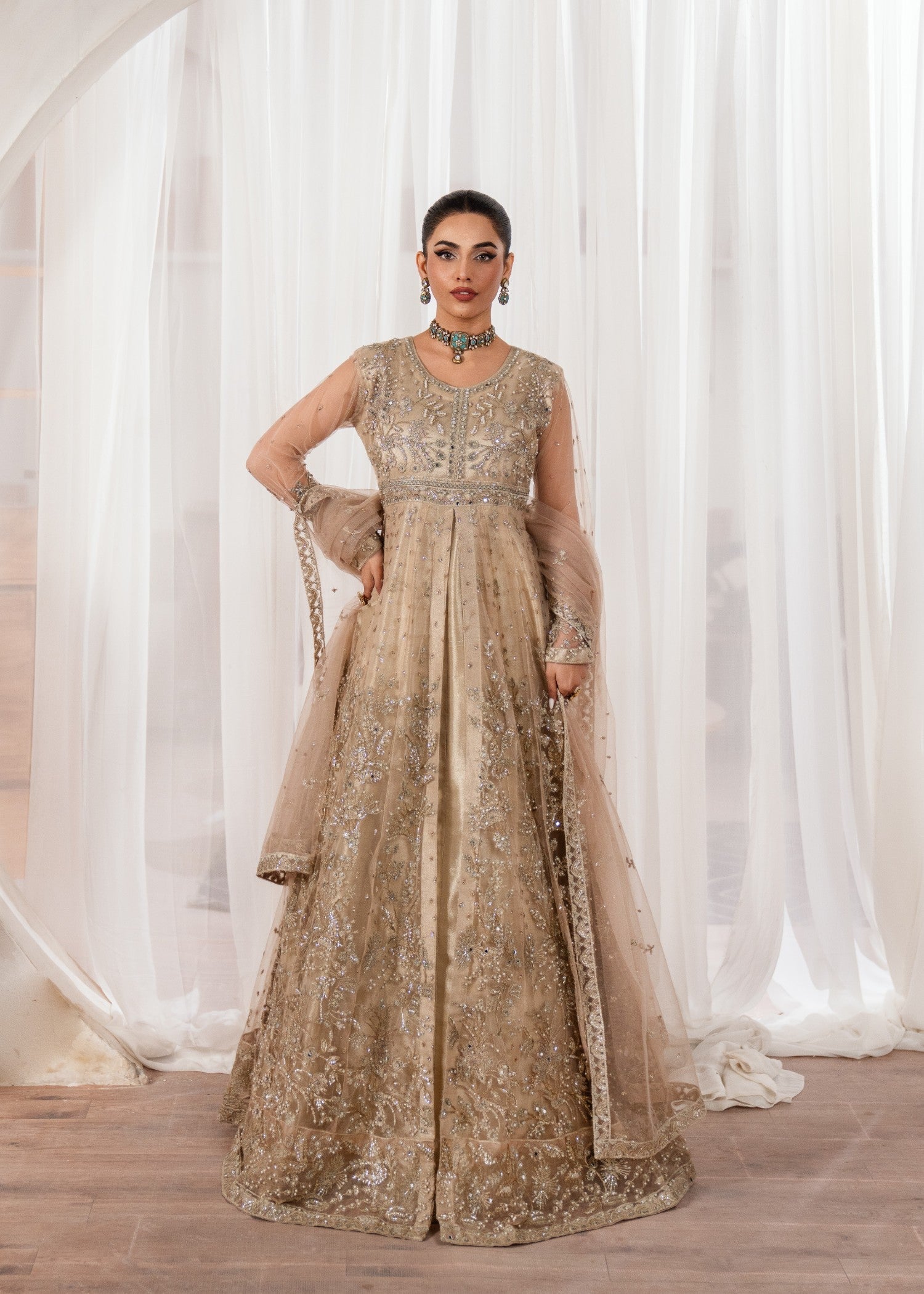 Beige Embroidered Net Maxi Dress (2-Piece) - Image 1