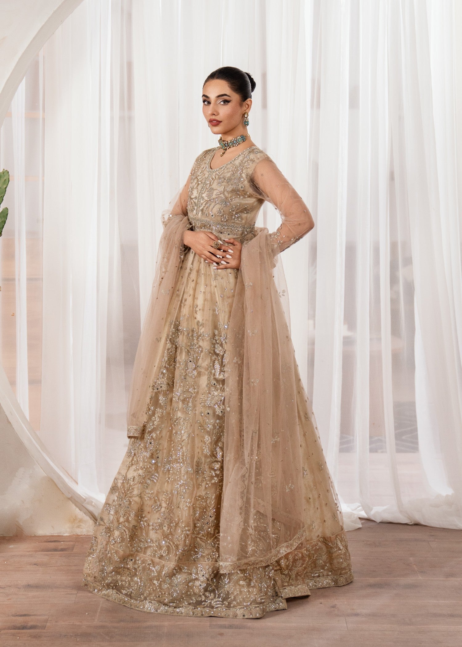 Beige Embroidered Net Maxi Dress (2-Piece) - Image 2