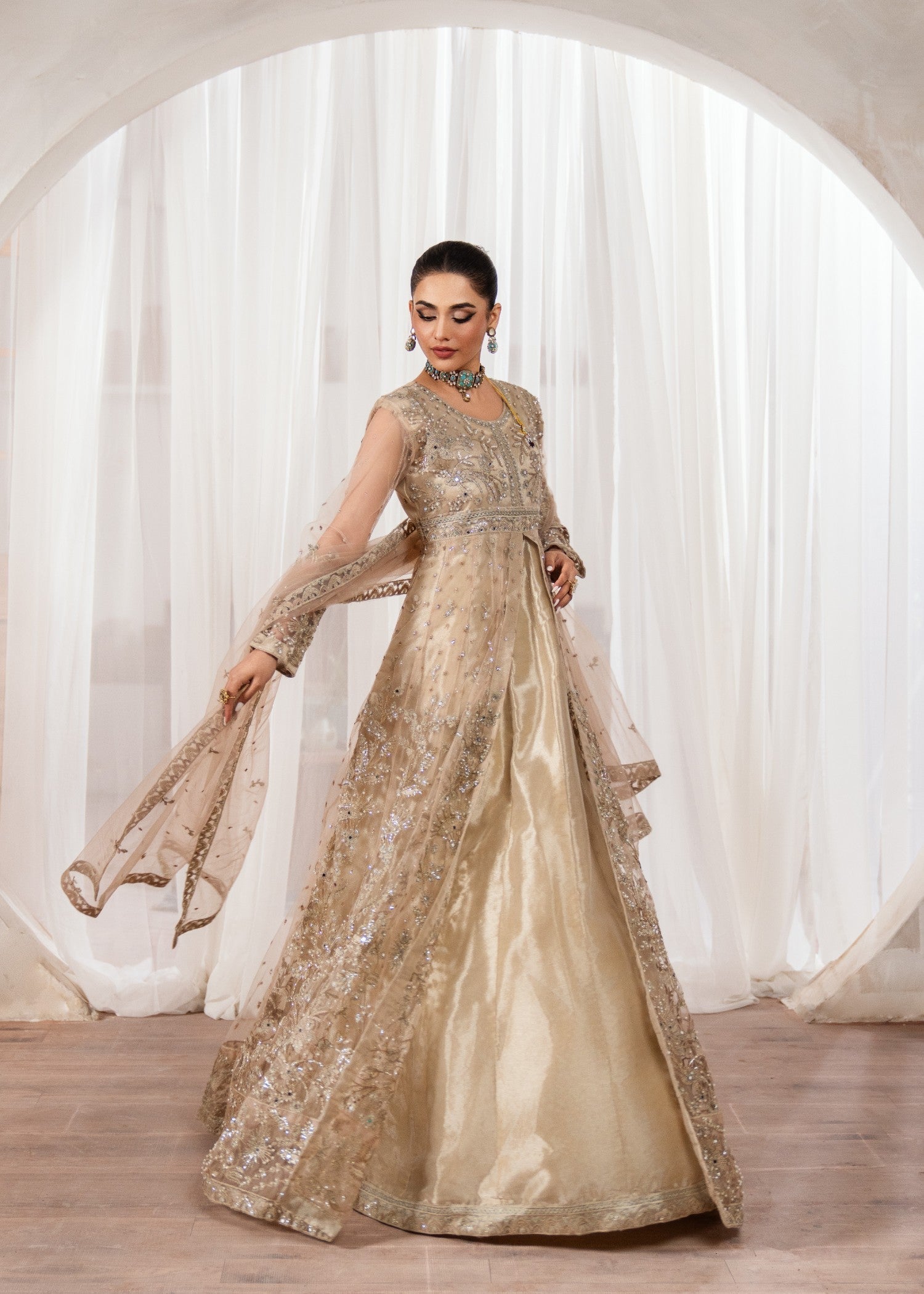 Beige Embroidered Net Maxi Dress (2-Piece) - Image 3