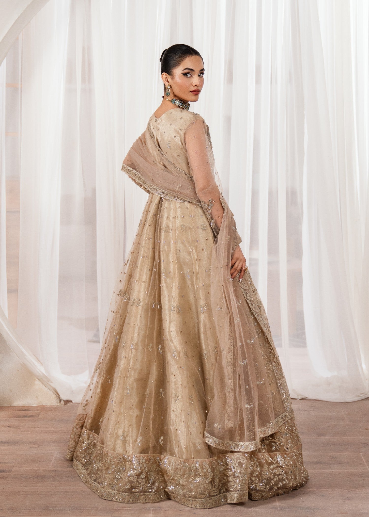 Beige Embroidered Net Maxi Dress (2-Piece) - Image 4